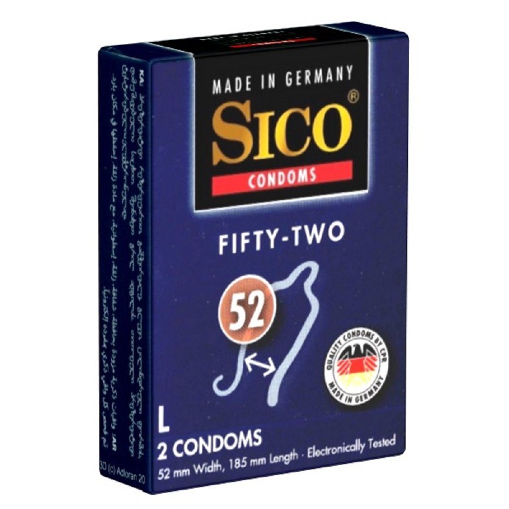 SICO Kondome Size «Fifty-Two» Größe L (52mm) Packung mit, 2 St., mittelgroße Latexkondome, Kondome nach Maß