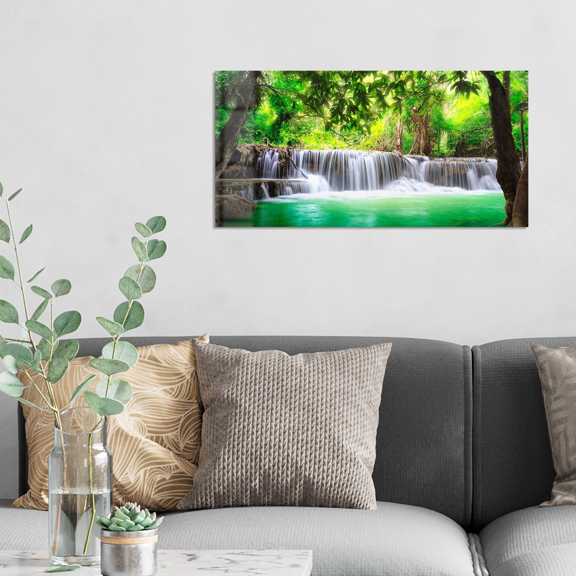 DEQORI Glasbild 'Wasserfall im Regenwald', 'Wasserfall im Regenwald', Glas Wandbild Bild schwebend modern