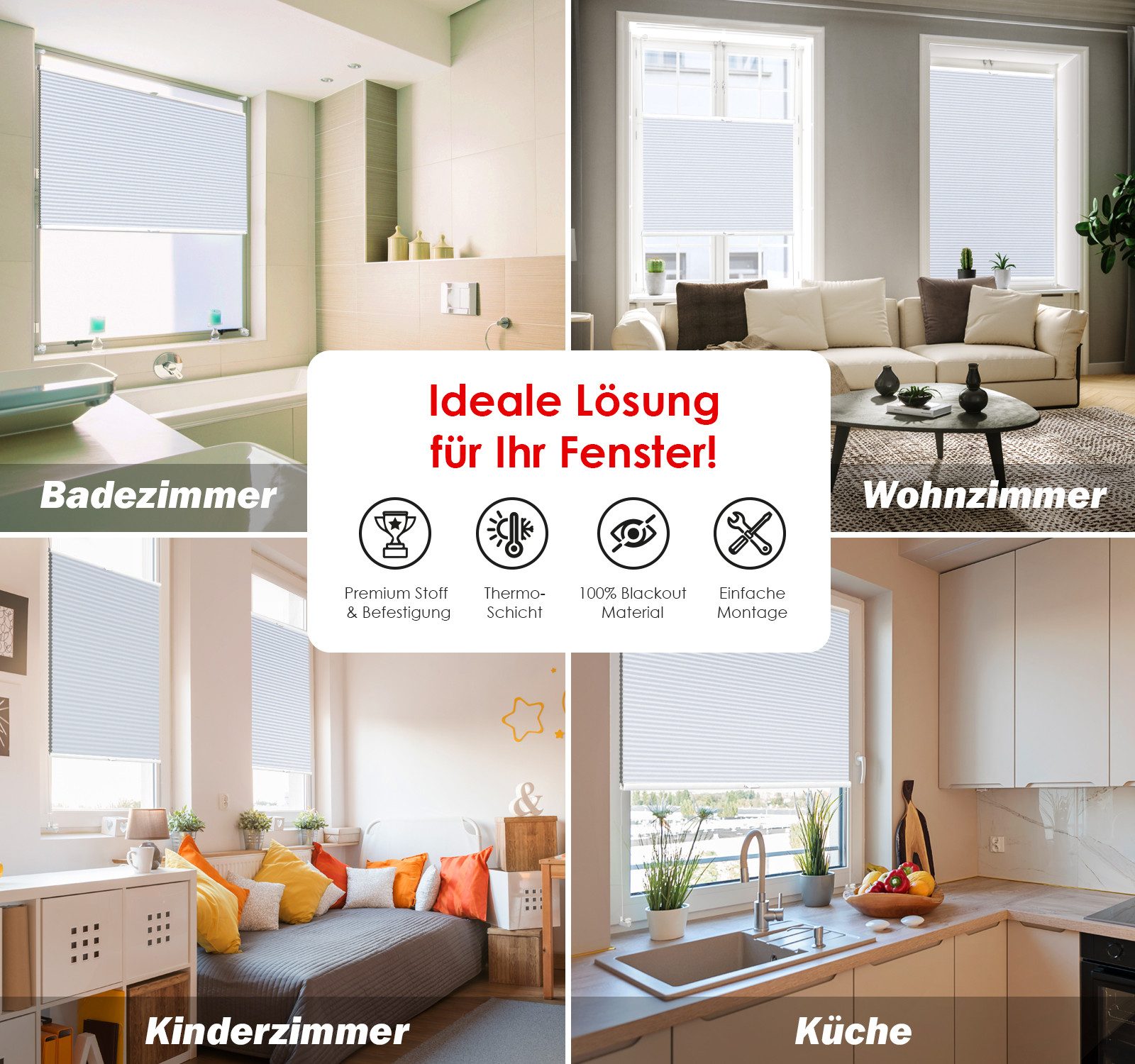DomDeco Wabenplissee Thermo Plissee ohne Bohren - Hitzeschutz, Verdunkelung, verspannt, abdunkelnd, Klemmfix, stufenlos, kälteschutz, modernes Fensterplissee