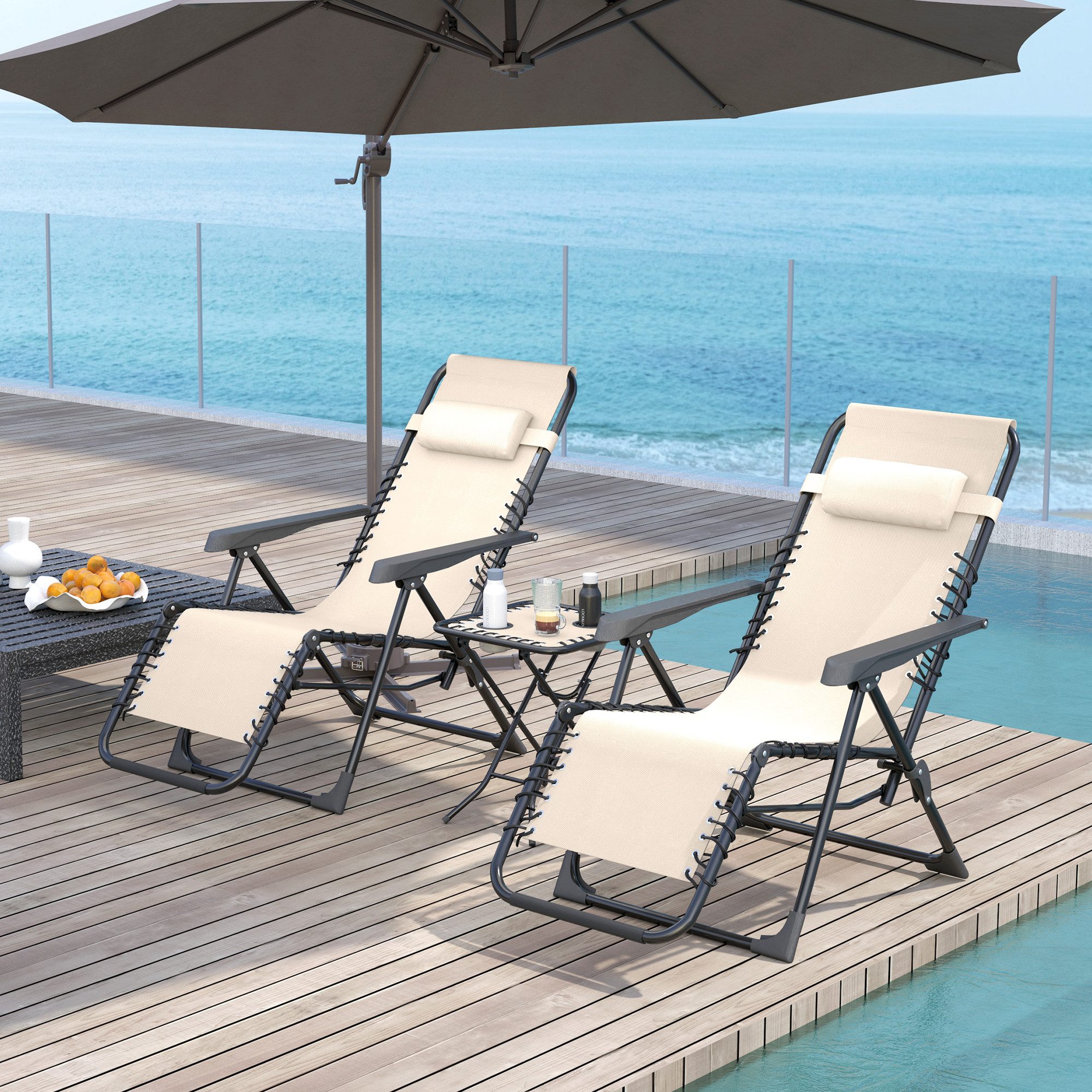 Outsunny Gartenliege Set Klappbar mit Teetisch 2 Stühle Kopfkissen, Outdoor Liege, 3-TLG. Sonnenliege, 1 St., wetterfest Relaxliege, für Garten, Terrasse, 90 x 56 x 110 cm, Beige