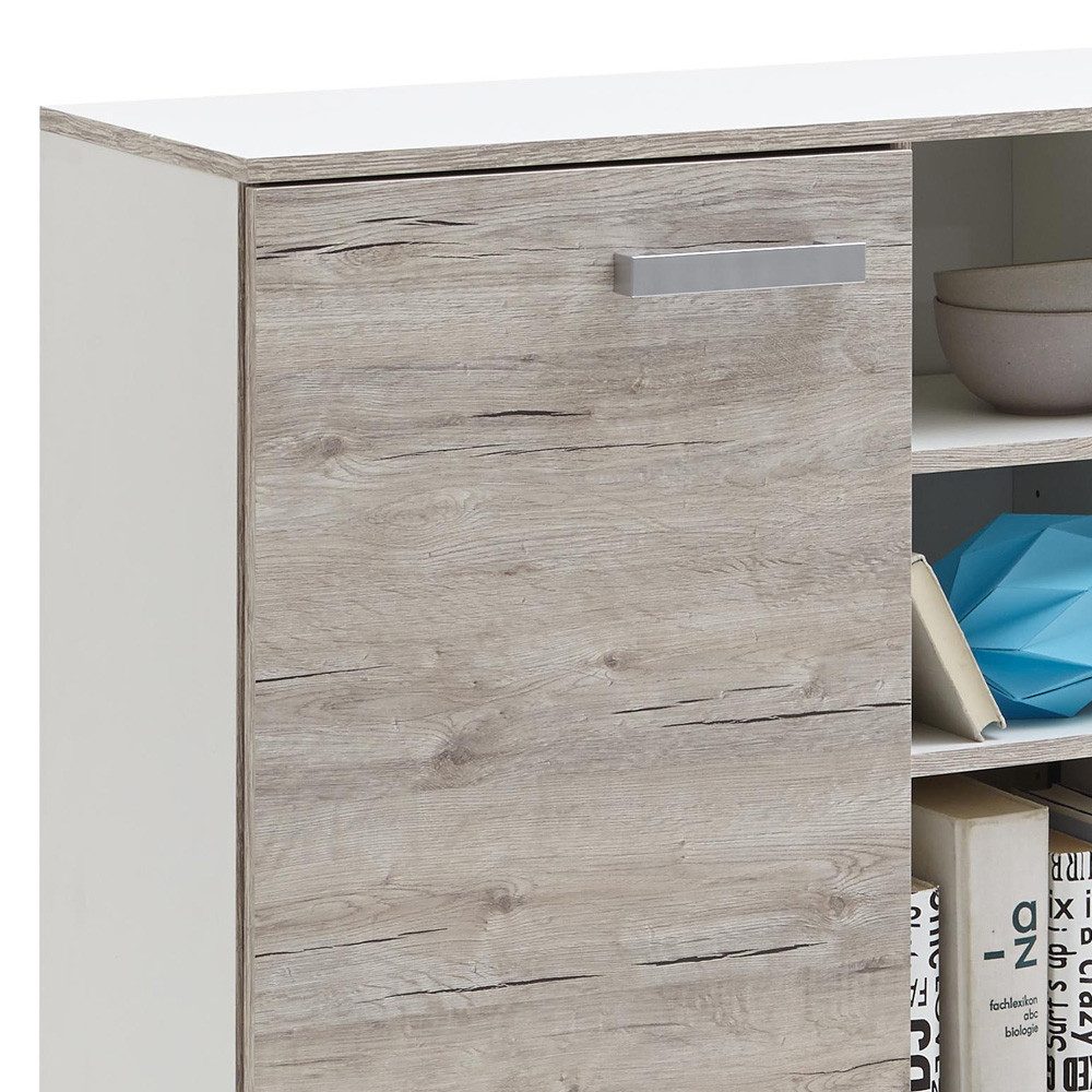 Lomadox Kommode LEEDS-10, Sandeiche Nb./weiß/Lava/Denim 116,9x105x33 cm