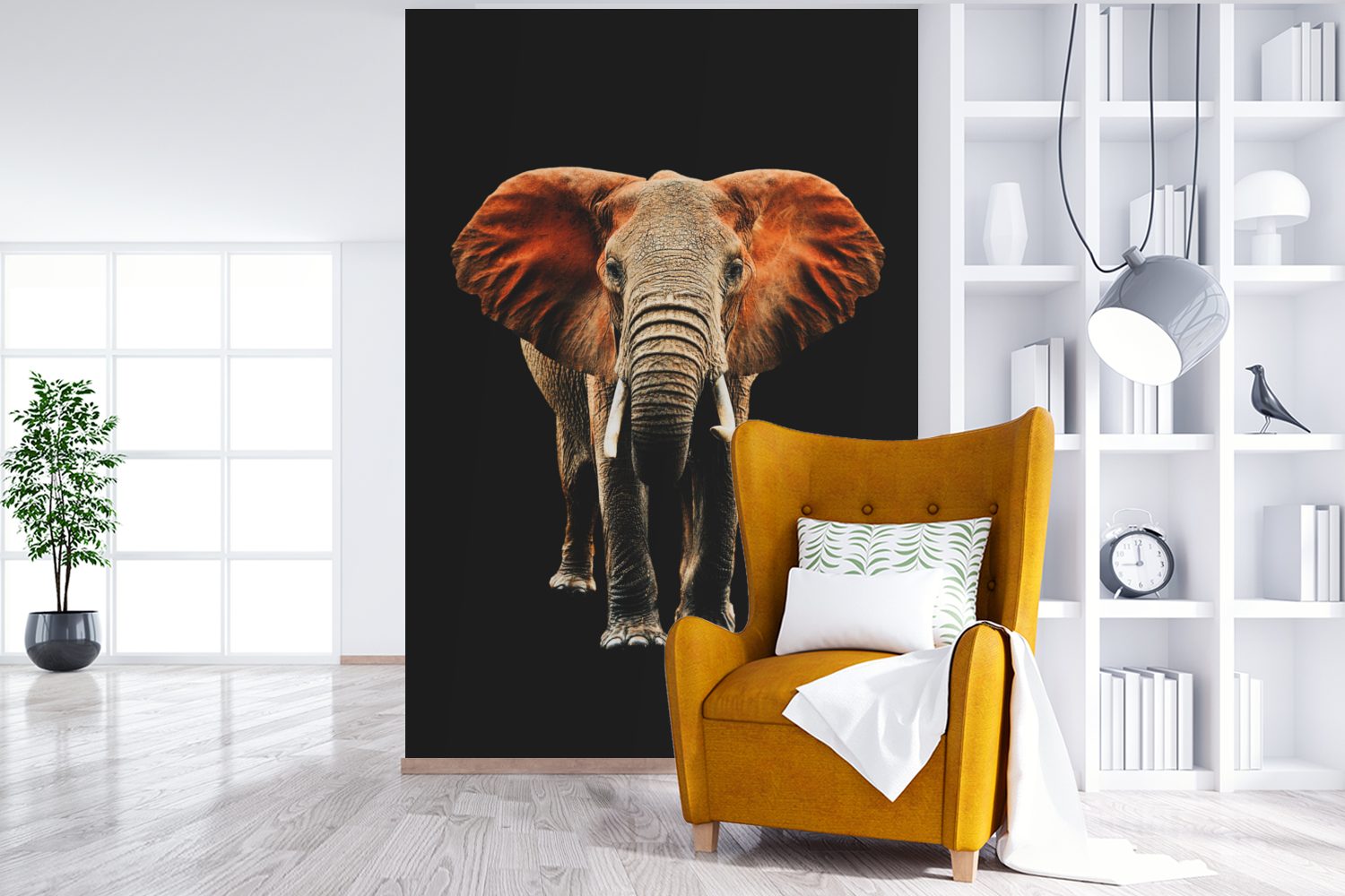 Matt, (3 Vinyl MuchoWow Schwarz Tapete St), Wandtapete - Elefant Orange, Wohnzimmer, - für Montagefertig Fototapete bedruckt,