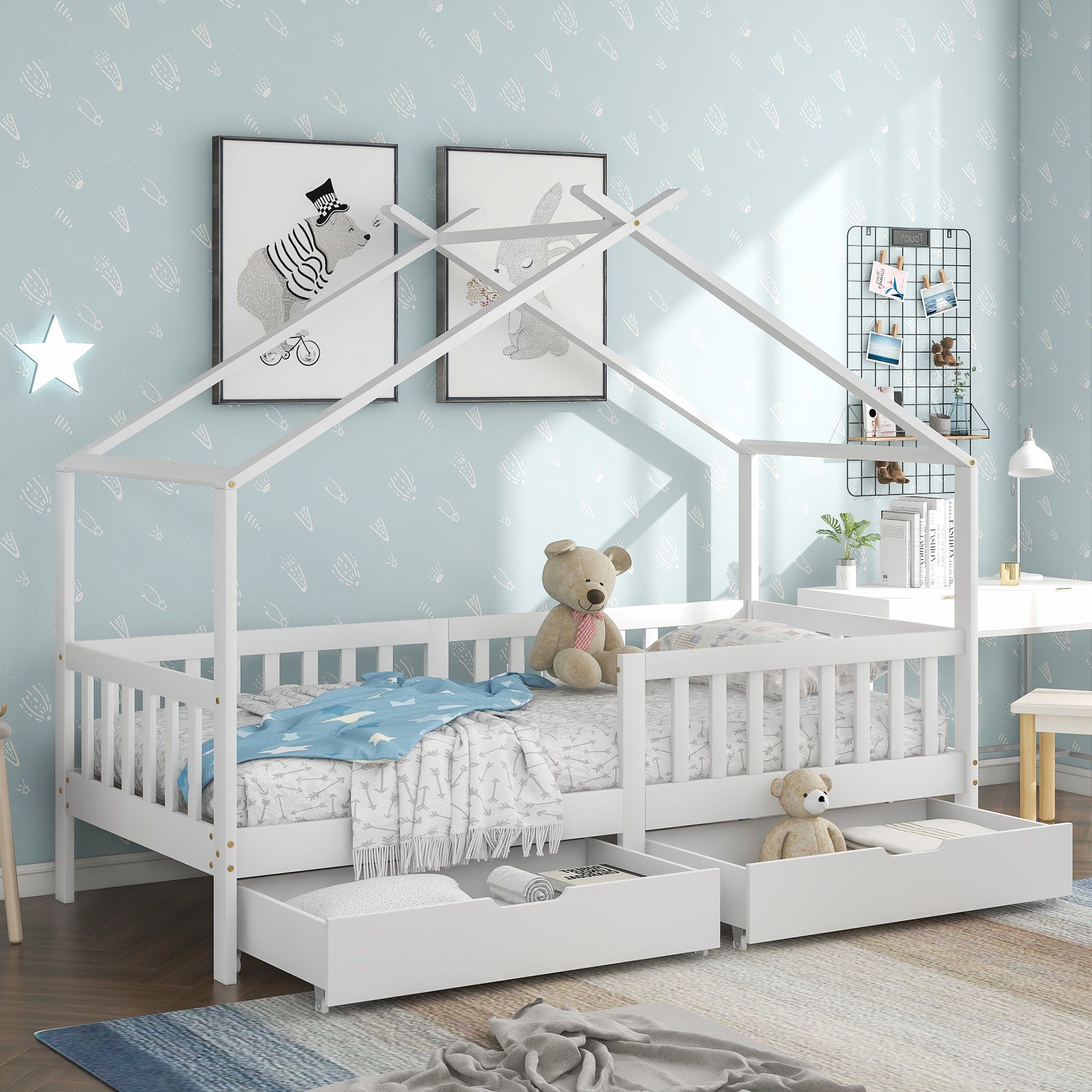 Merax Hausbett Secret Kingdom, aus Massivholz mit Rausfallschutz und Lattenrost, Kinderbett 90x200 cm mit 2 Schubladen, Einzelbett für Kinder, Jugendliche