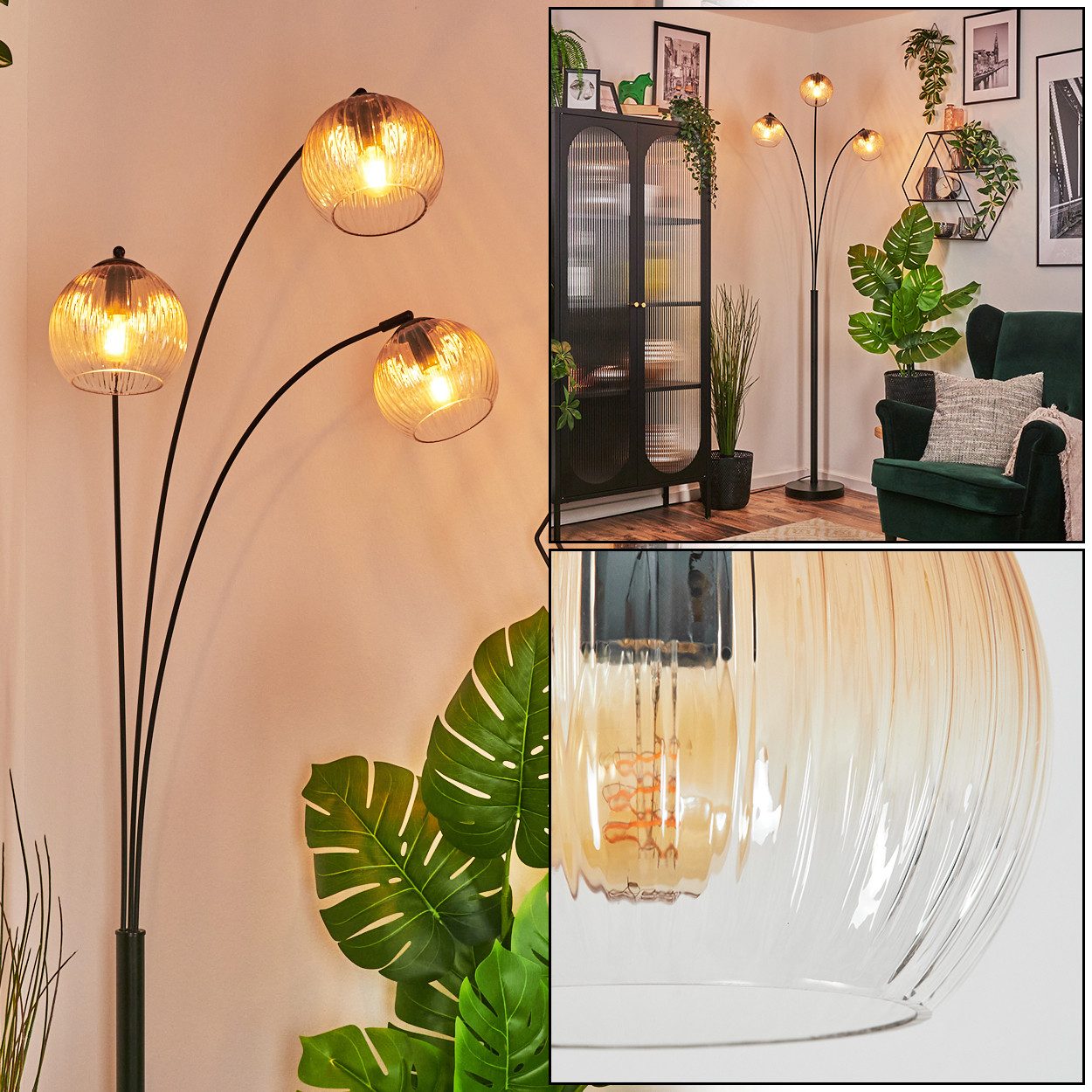 hofstein Stehlampe Stehlampe aus Metall/Riffelglas in Schwarz/Bernsteinfarben/Klar, verstellbare Stehleuchte im Vintage-Design, Fußschalter, 210 cm, 3xE14