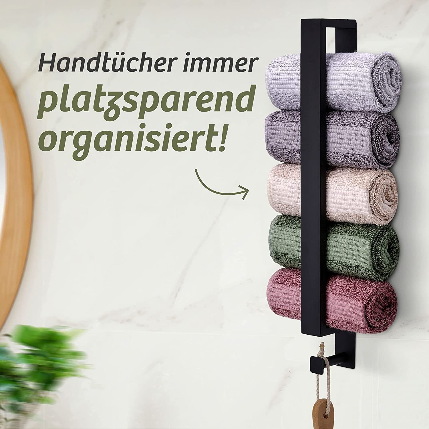 Praknu Handtuchstange Handtuchhalter Schwarz mit Haken zum Kleben 40cm