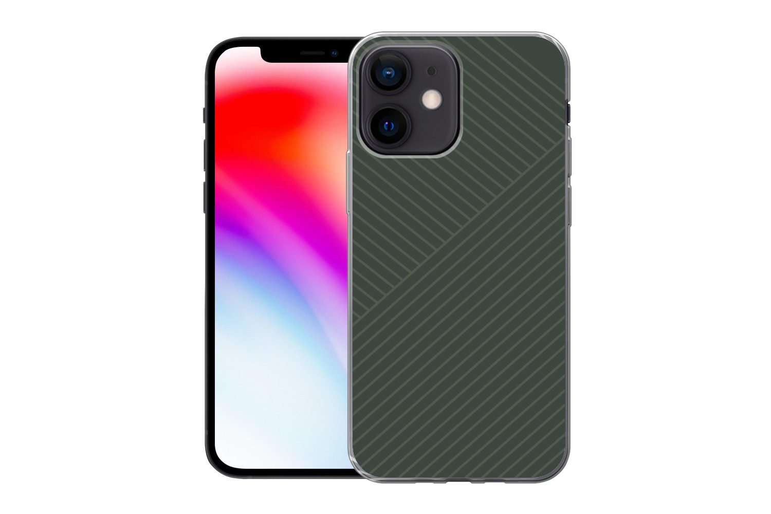MuchoWow Handyhülle für Apple iPhone 12 mini Linien - Abstrakt - Grün - Minimalistisch, Smartphone-Bumper, Print, Handy Schutzhülle Dünn