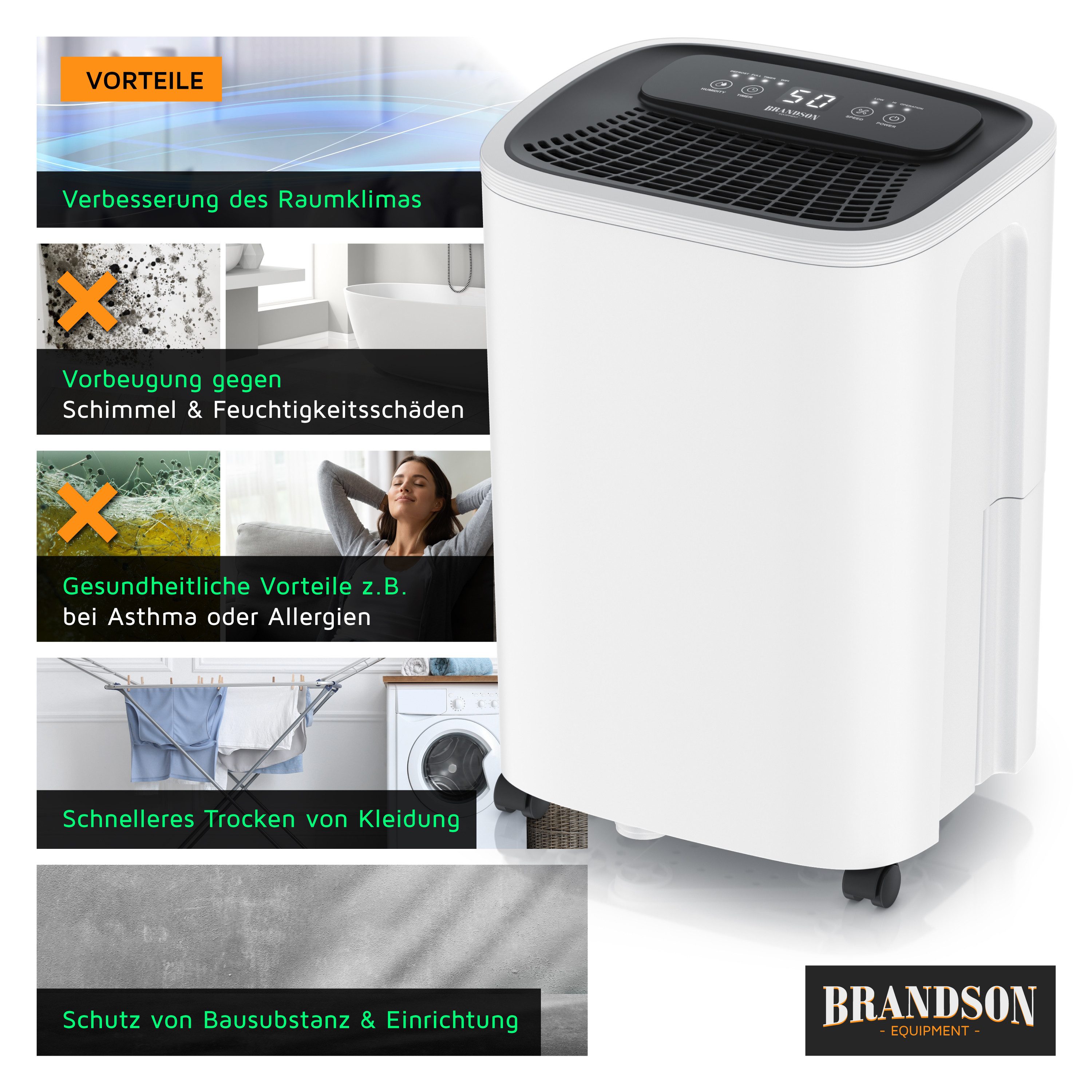 Brandson Luftentfeuchter mit Kompressor, 10L pro 24h, Dehumidifier Raumentfeuchter elektrisch, für 40 m³ Räume, Entfeuchtung 10 l/Tag, Tank 2,3 l, Timer, Defrosting, WiFi, mit APP für Schlafzimmer Bad Keller