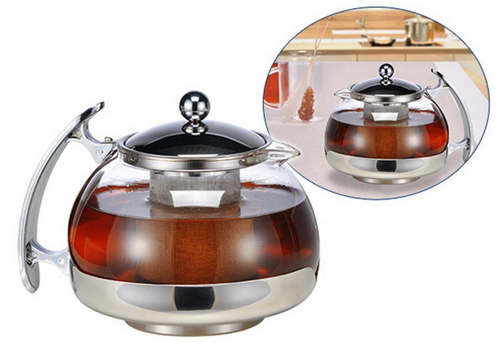 Haushalt International Teekanne Kanne mit Griff Edelsthal- Filtereinsatz Glaskanne hitzebeständig, 1,2 l, verchromter Griff - Edelstahl-Deckel