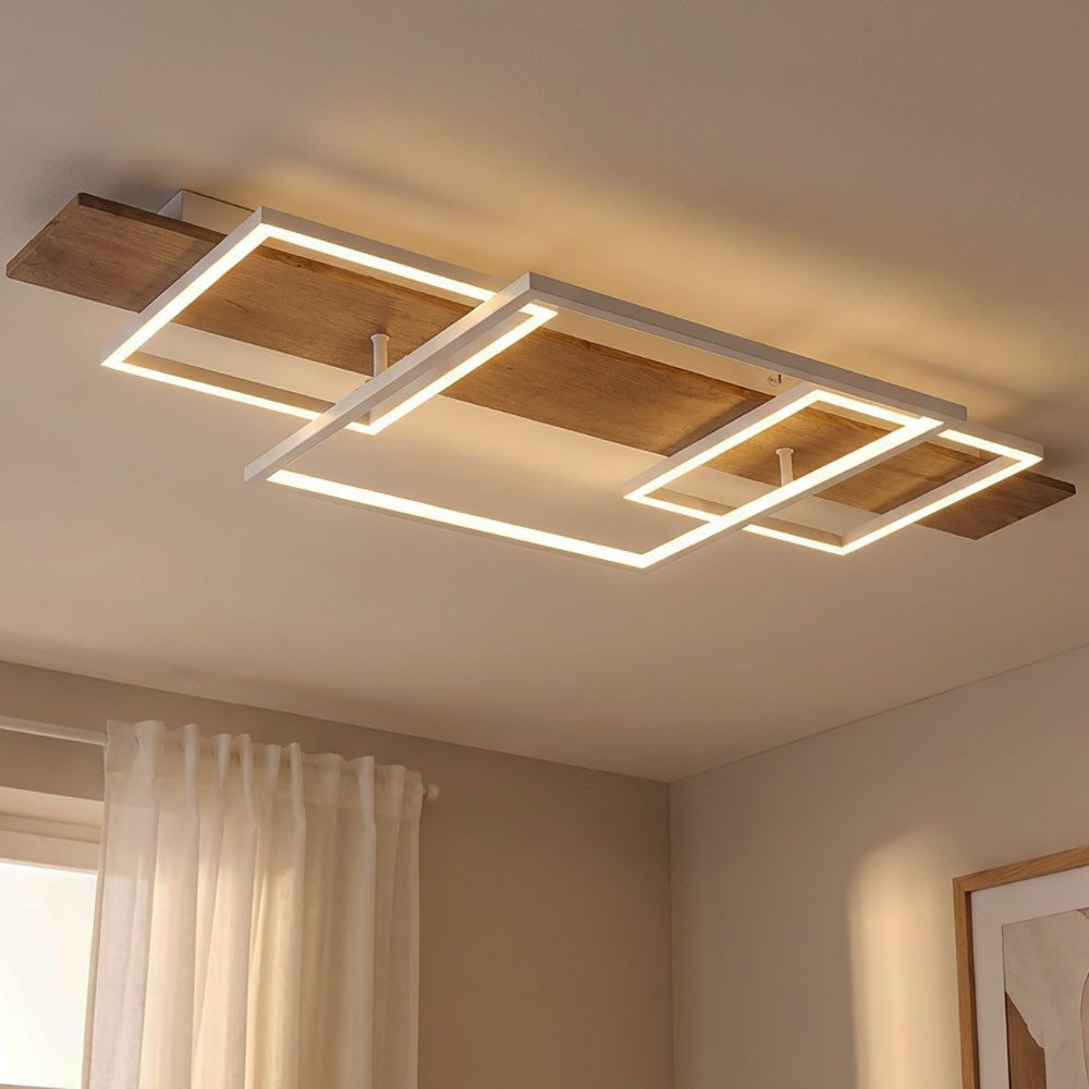 GLOBO LIGHTING LED Deckenleuchte, LED-Leuchtmittel fest verbaut, Warmweiß, LED Deckenleuchte Metall Holzoptik weiß Dimmbar Memoryfunktion L 95 cm