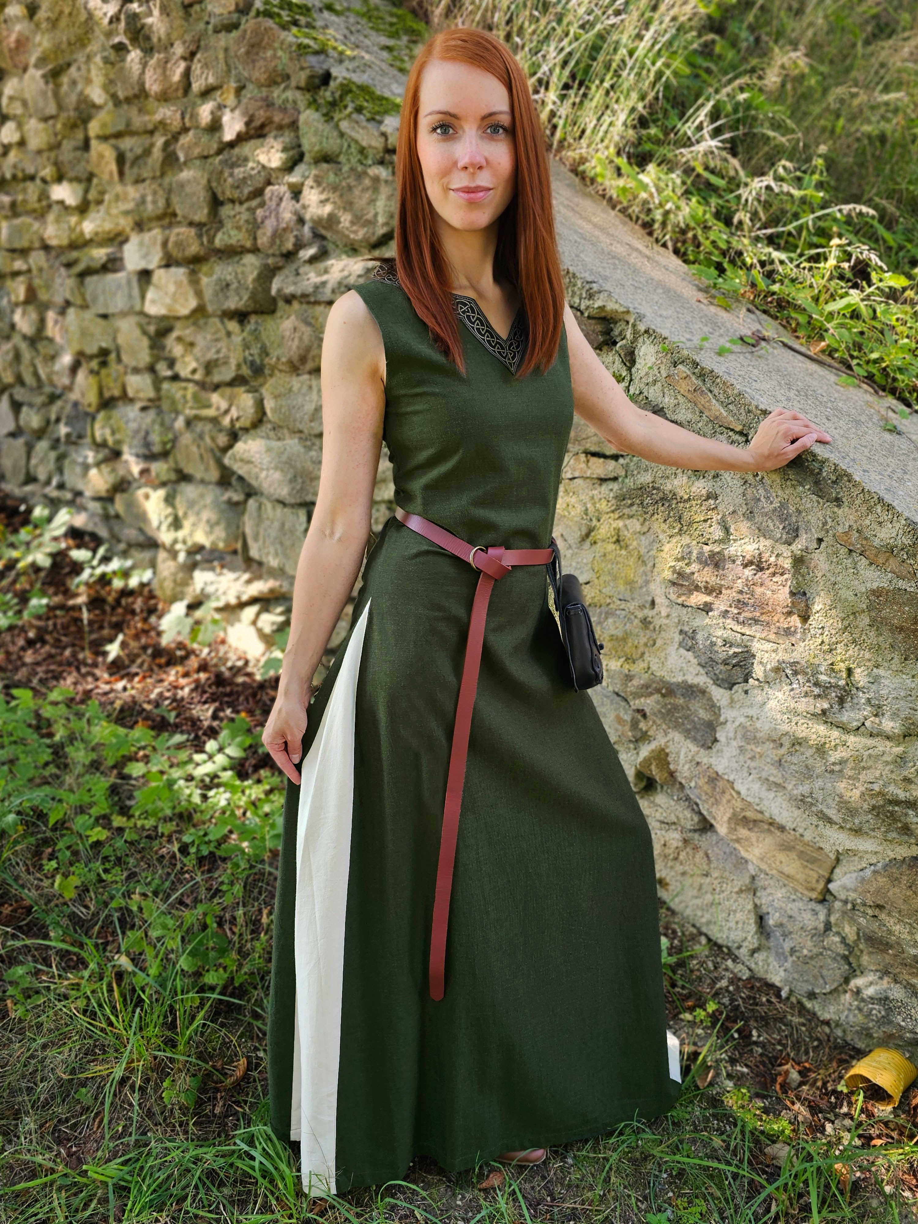 Vehi Mercatus Burgfräulein-Kostüm Mittelalter Kleid mit Schnürung ärmellos Grün / Natur "Juta"