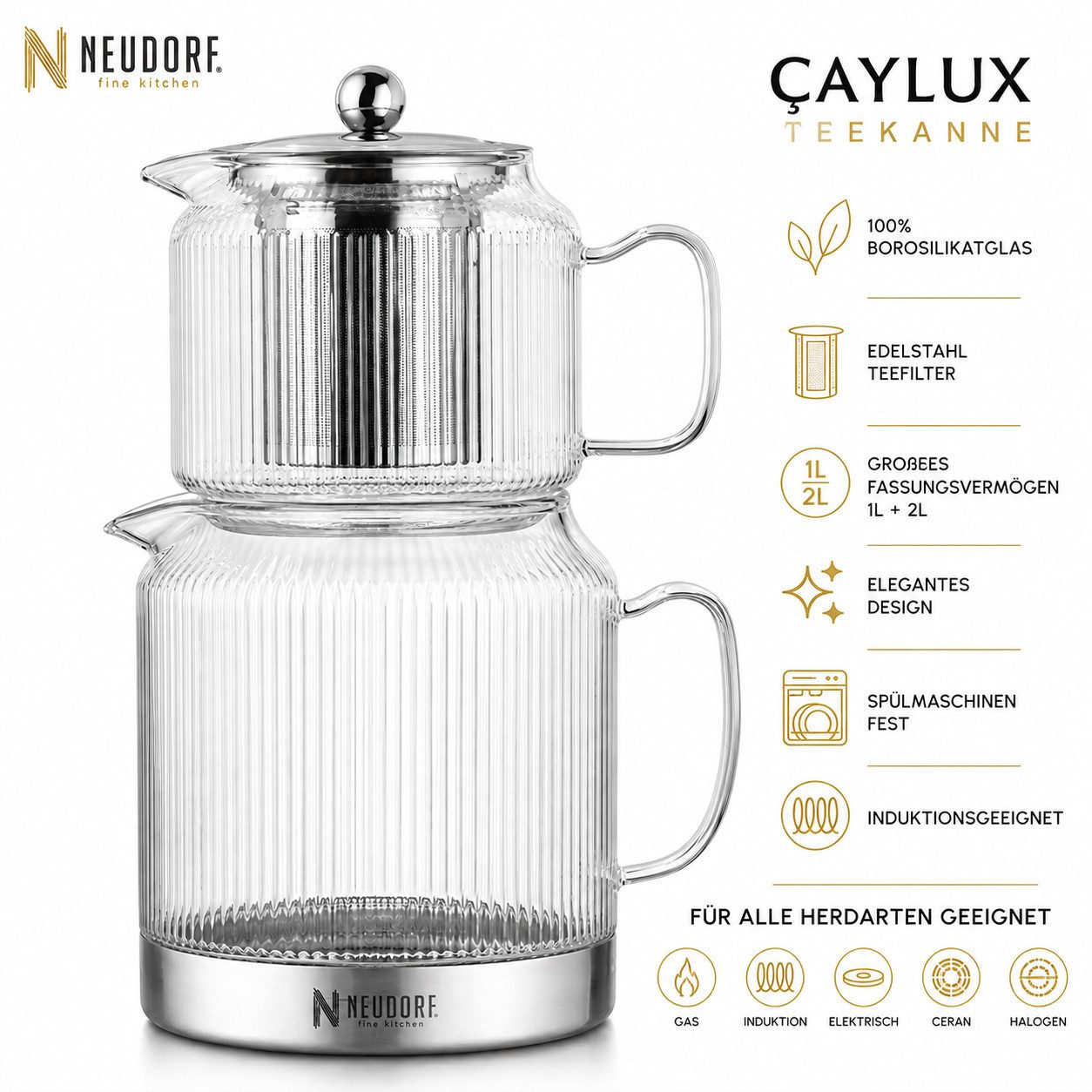 Ertex Caydanlik-Teekanne Teekanne Caydanlik Borosilikat Glas-Teekannen-Set, 3L/2,5L Induktion