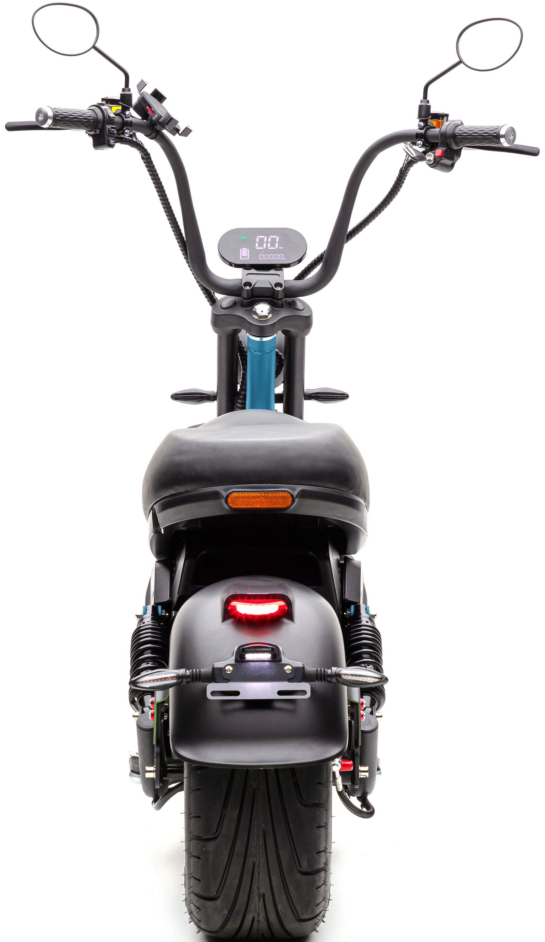 höhenverstellbar E-Motorroller 3000 2, CHOPPER 45 km/h, ECONELO PXD W, Lenkrad blau