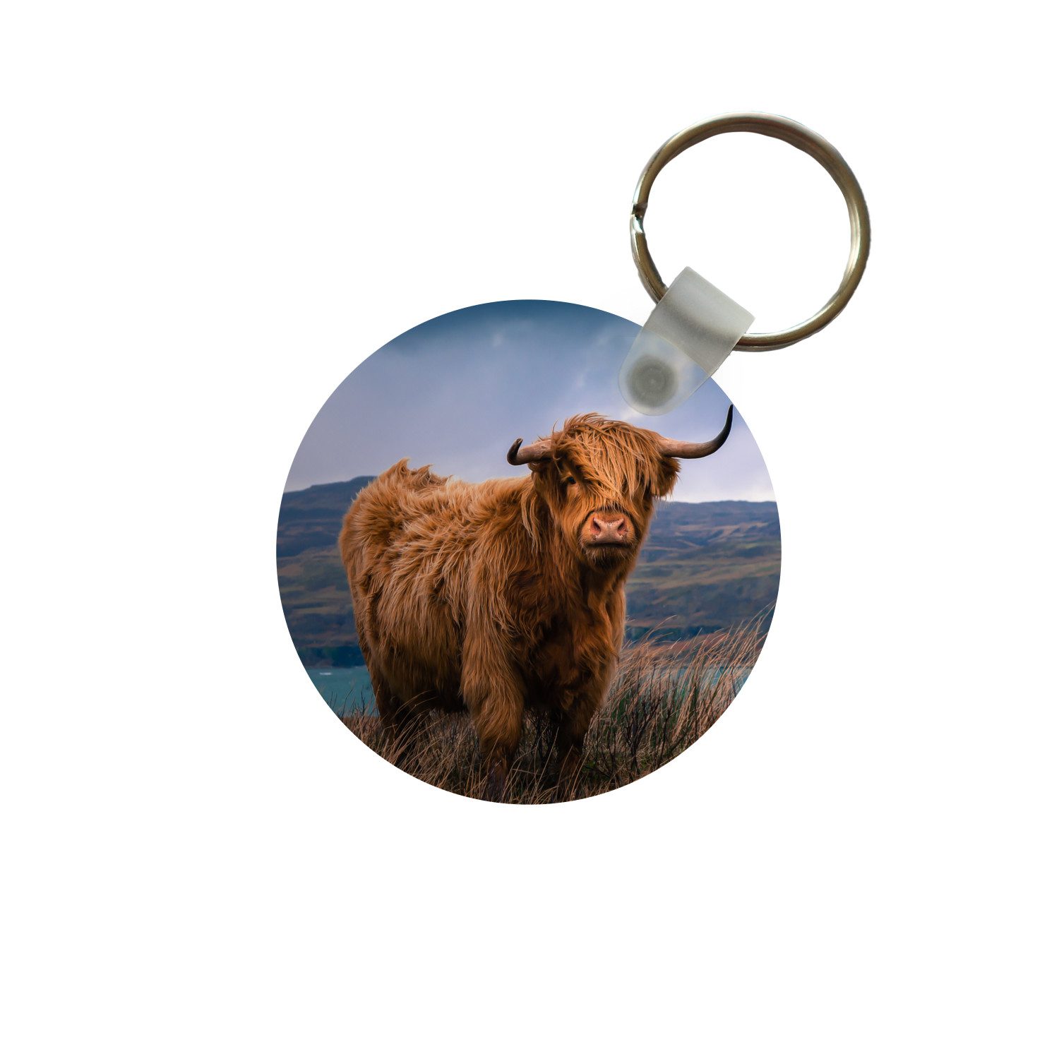 MuchoWow Schlüsselanhänger Schottischer Highlander - Berg - Wasser - Natur - Kuh, Rund, Geschenk für Damen / Herren / Kinder mit Schlüsselring, 5x5 cm