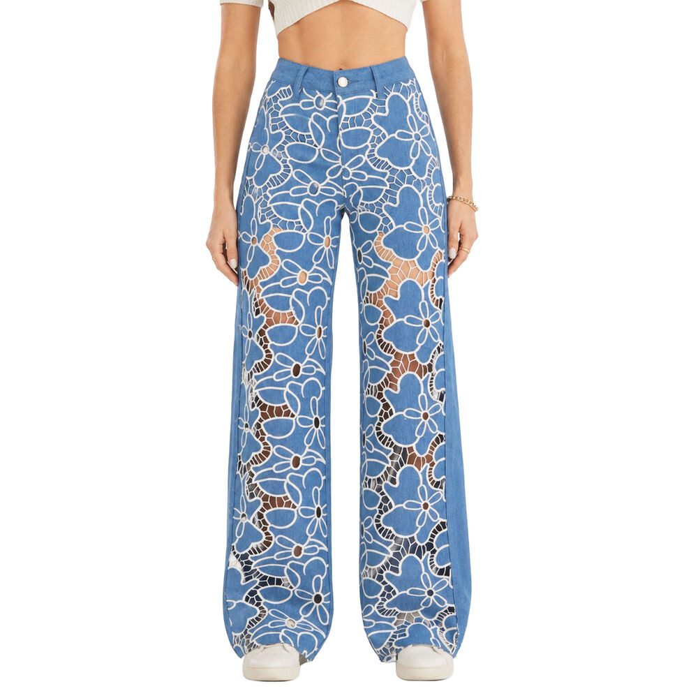 Ital-Design Weite Jeans Damen Weite Hose mit Blumenmuster und hohem Bund (91978481) Applikation Stretch High Waist Jeans in Blau