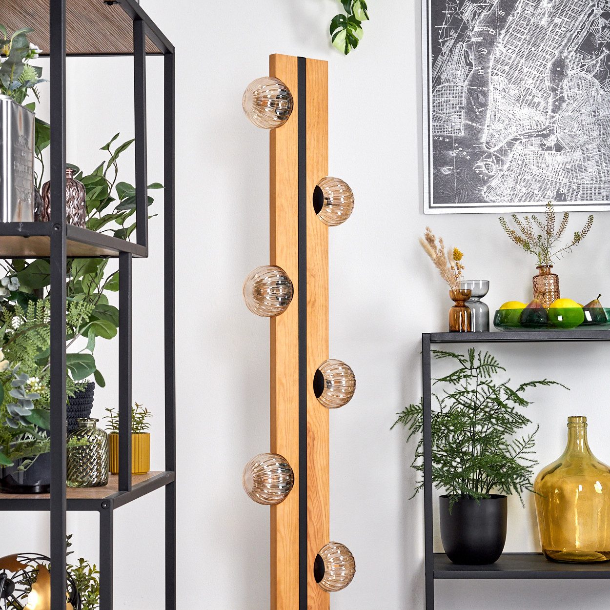 hofstein Stehlampe Stehlampe aus Holz/Metall/Riffelglas in günstig online kaufen