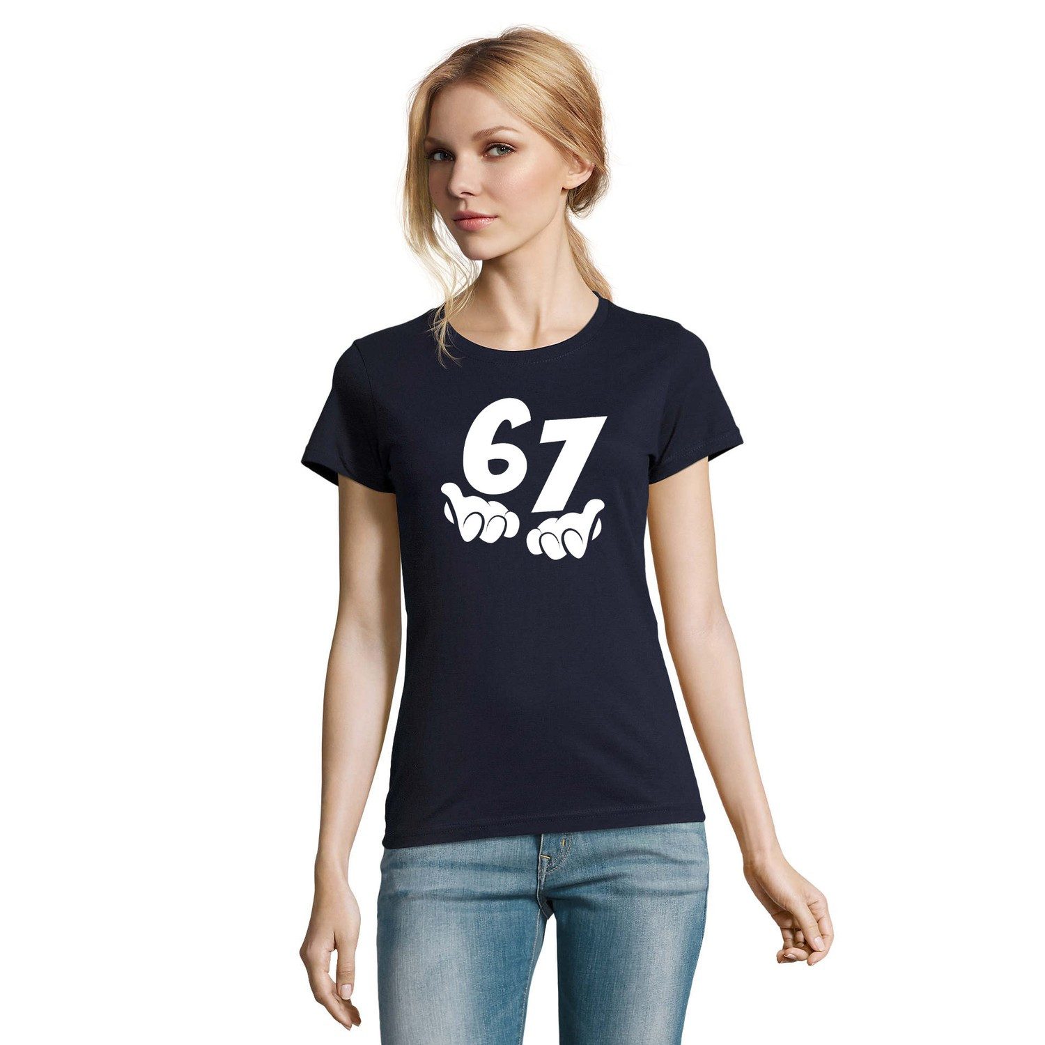 Blondie & Brownie T-Shirt 67 meme Damen Tee Print Lustiger Spruch modern ESports Schule Fun (Einzelstück, Einzelartikel) 67Meme Damen Tee Handzeichen Statement