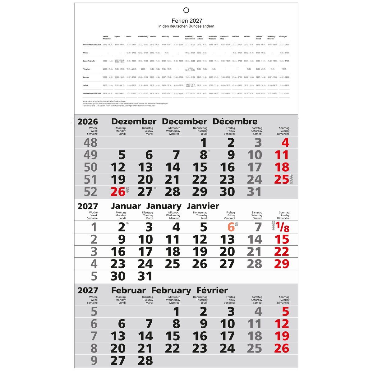 GÜSS Kalender Wandkalender 3-Monatskalender 30x49cm Kalendarium 2027