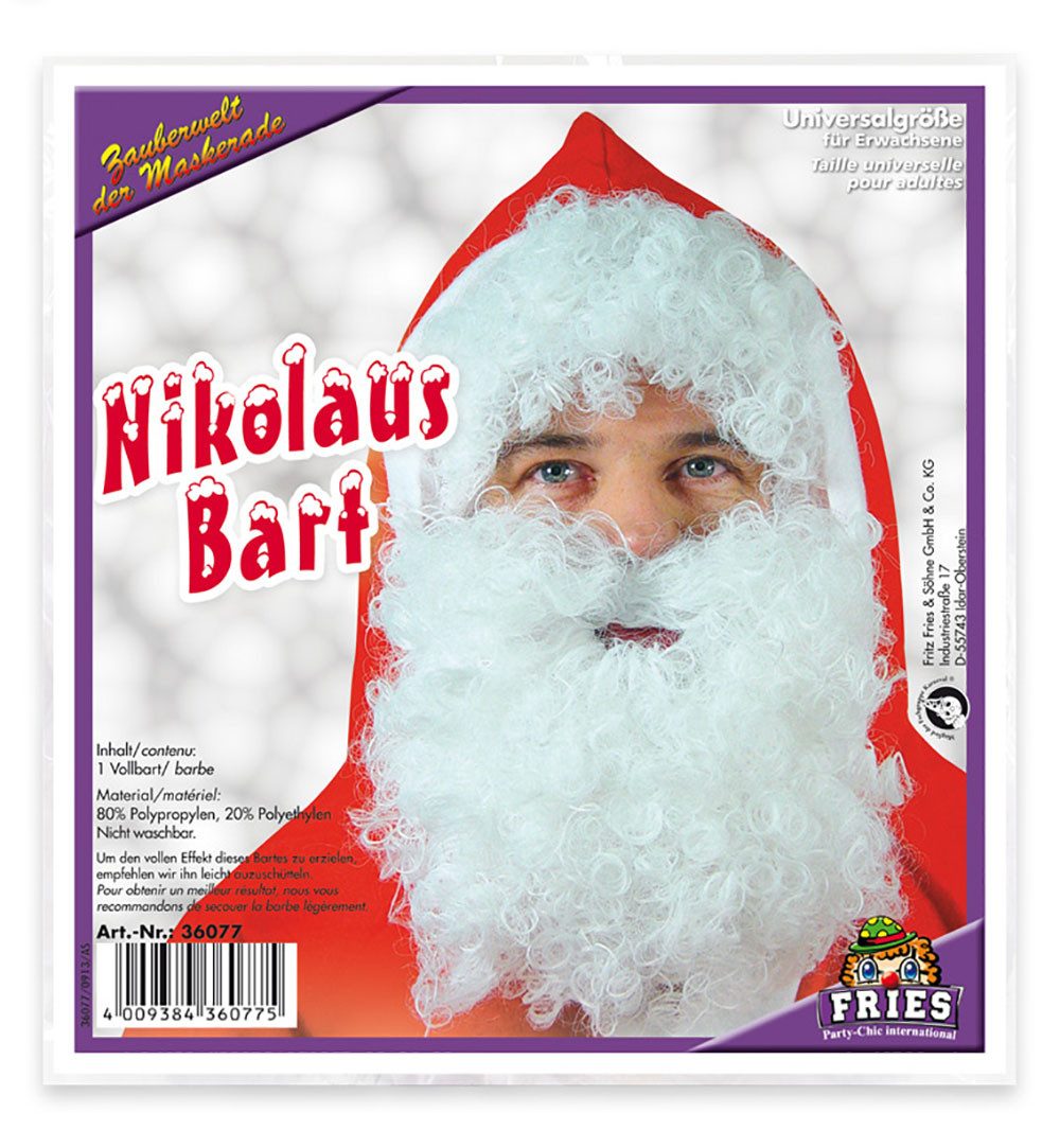 Fries Kostüm-Perücke Nikolausbart Vollbart Bart weiß mit Gummizug Karneval Weihnachten, Nikolausbart mit Gummizug