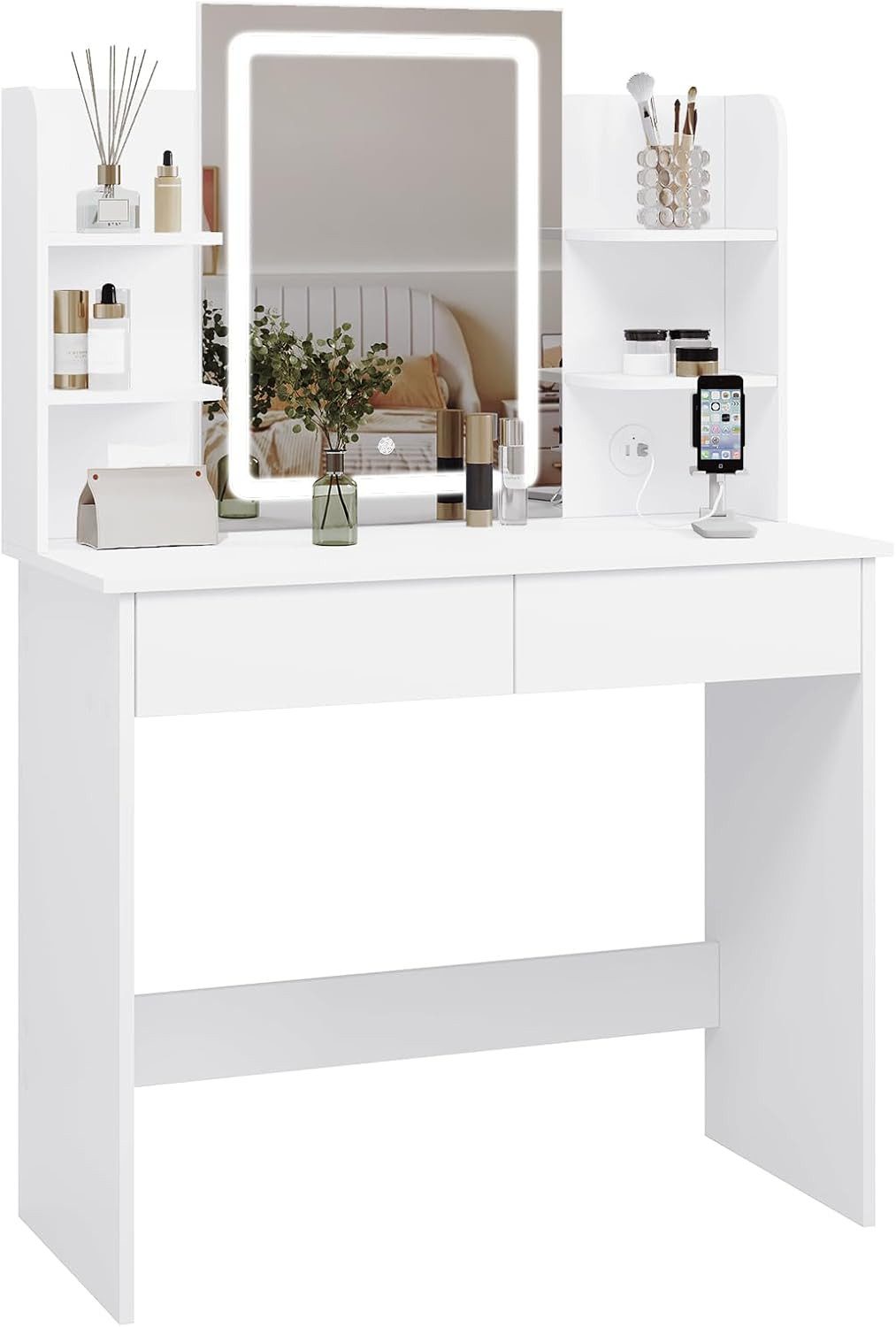 Woltu Schminktisch (1-St), mit Spiegel, mit LED-Beleuchtung, 2 USB-Ports, Weiß