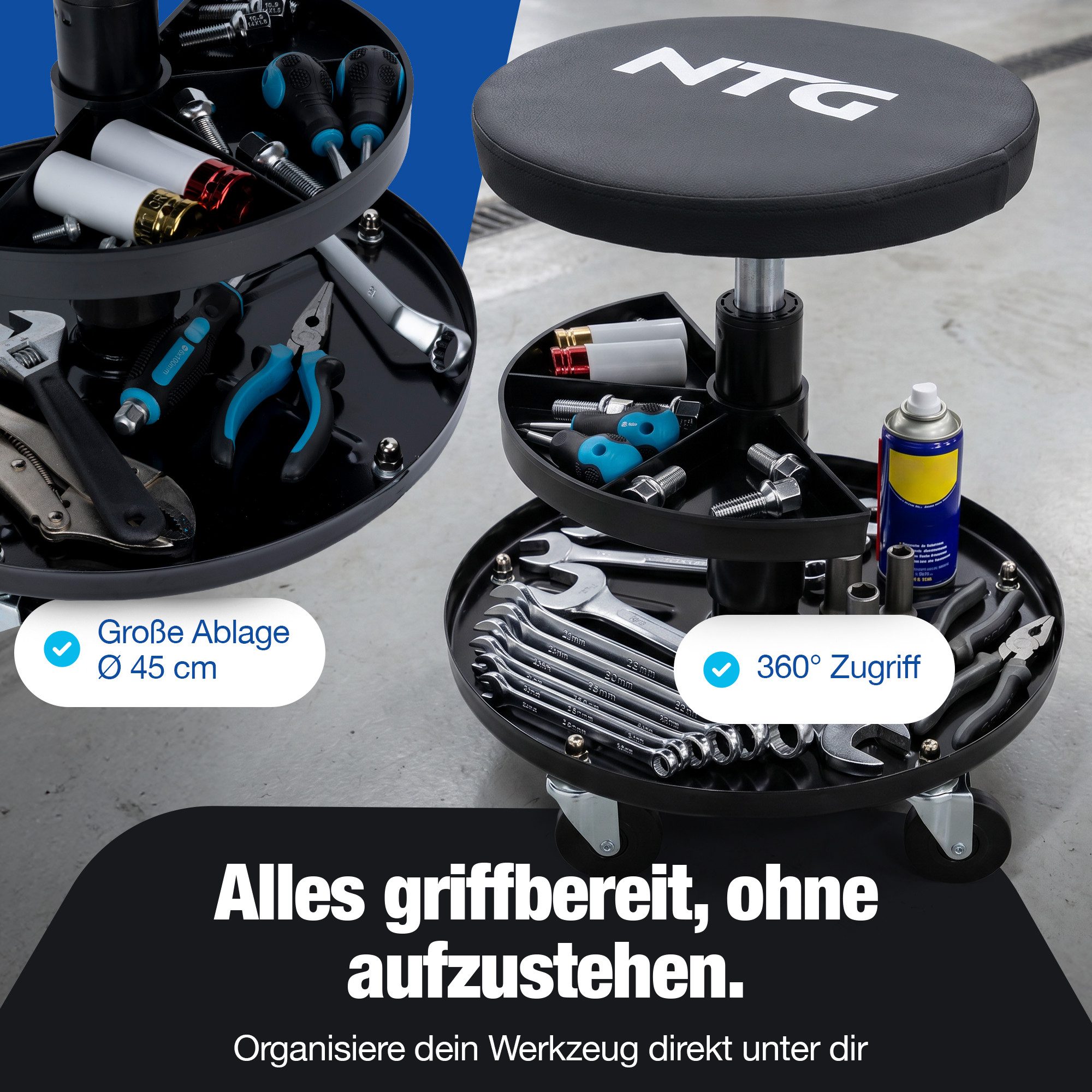 NTG Nutzfahrzeug Technik GmbH Drehhocker Rollsitz bis 100kg – Arbeitshocker mit Werkzeugablage (Höhenverstellbar bis 55 cm, Höhenverstellbar bis 55 cm), Werkstattsitz für Garage KFZ Werkstatt