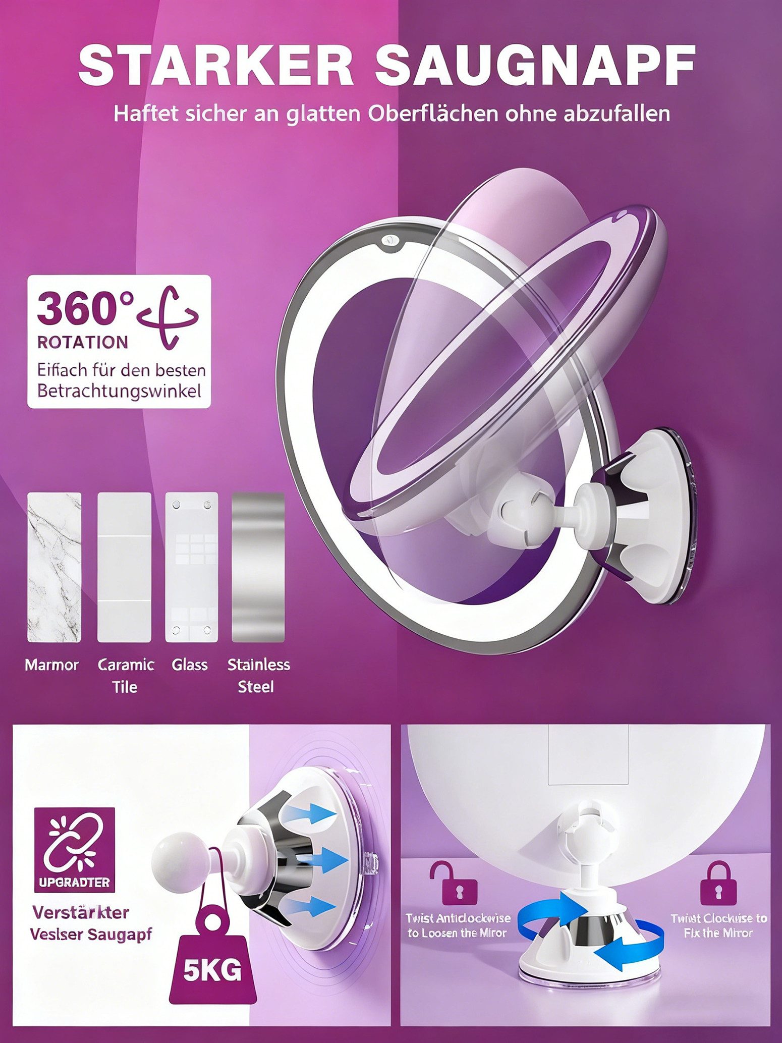 ibettertec Kosmetikspiegel Kosmetikspiegel mit Beleuchtung, 10X Vergrößerung Schminkspiegel, mit Beleuchtung und Stark Saugnapf – Bild 4 von 5