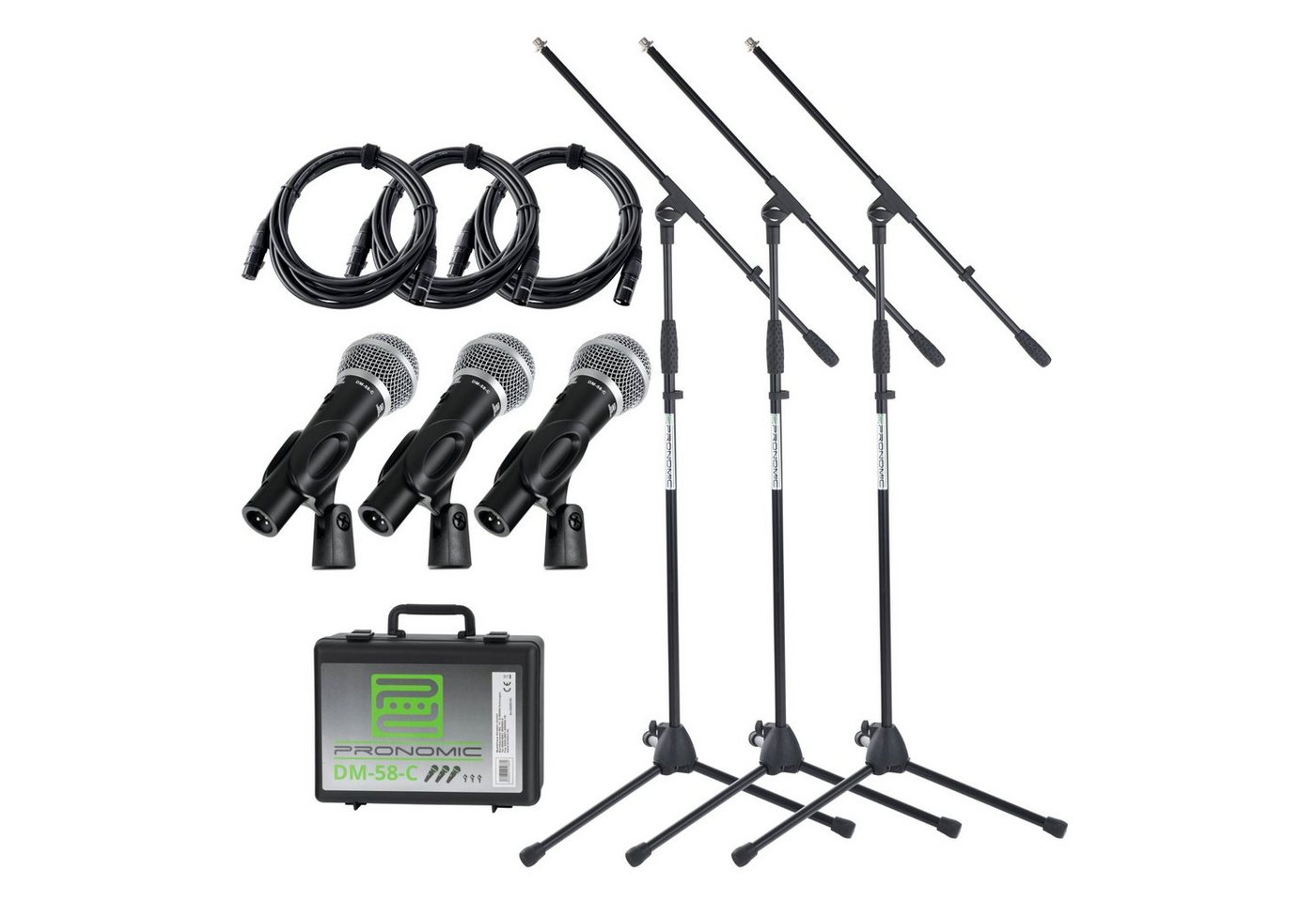Pronomic Mikrofon DM-58-C Gesangsmikrofone (Starter-Set, 6-tlg), inkl. 3 Mikrofonstativen, 3 XLR-Kabeln und Koffer
