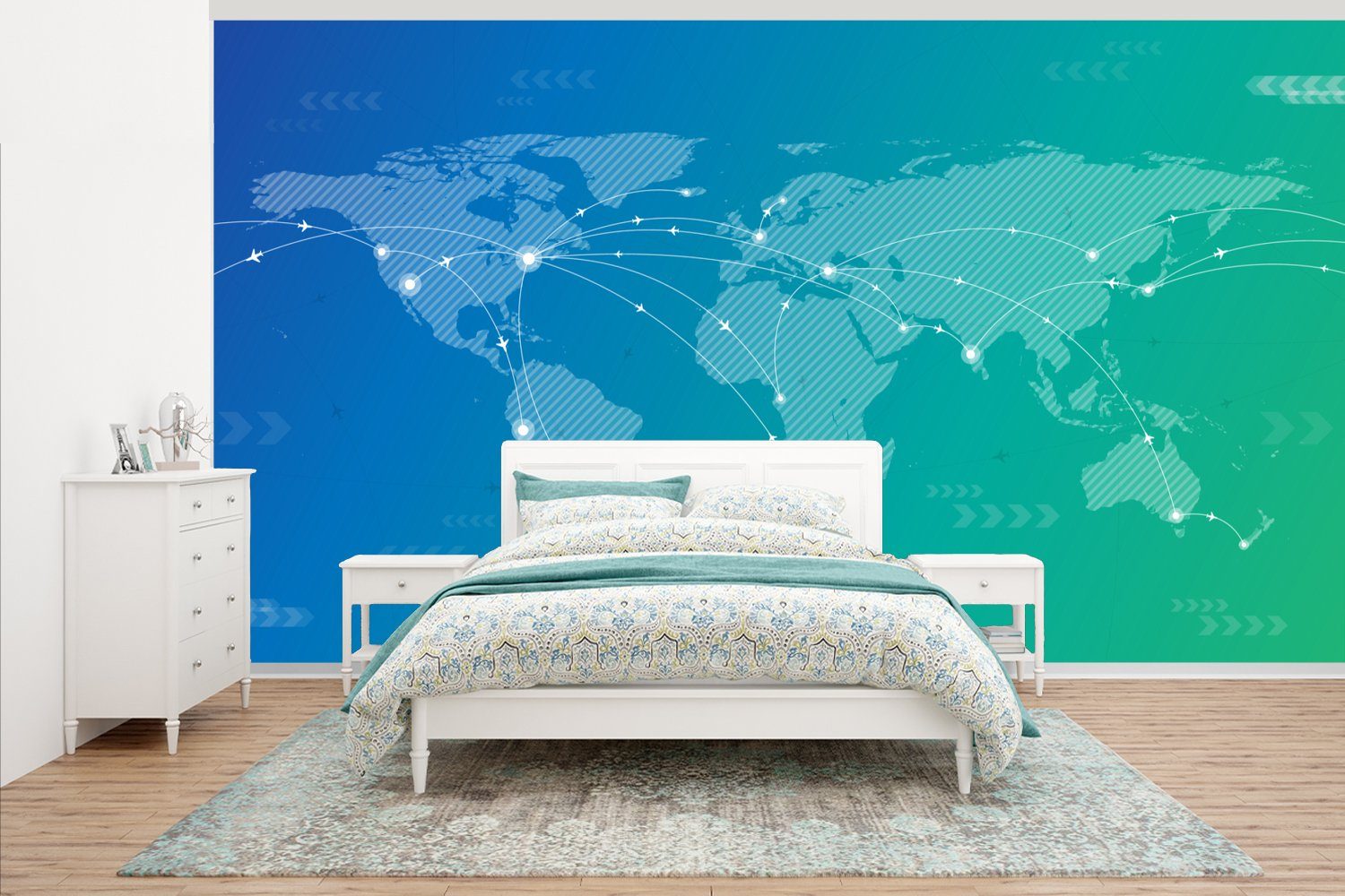MuchoWow Fototapete Weltkarte - Reisen - Blau, Matt, bedruckt, (7 St), Vliestapete für Wohnzimmer Schlafzimmer Küche, Fototapete
