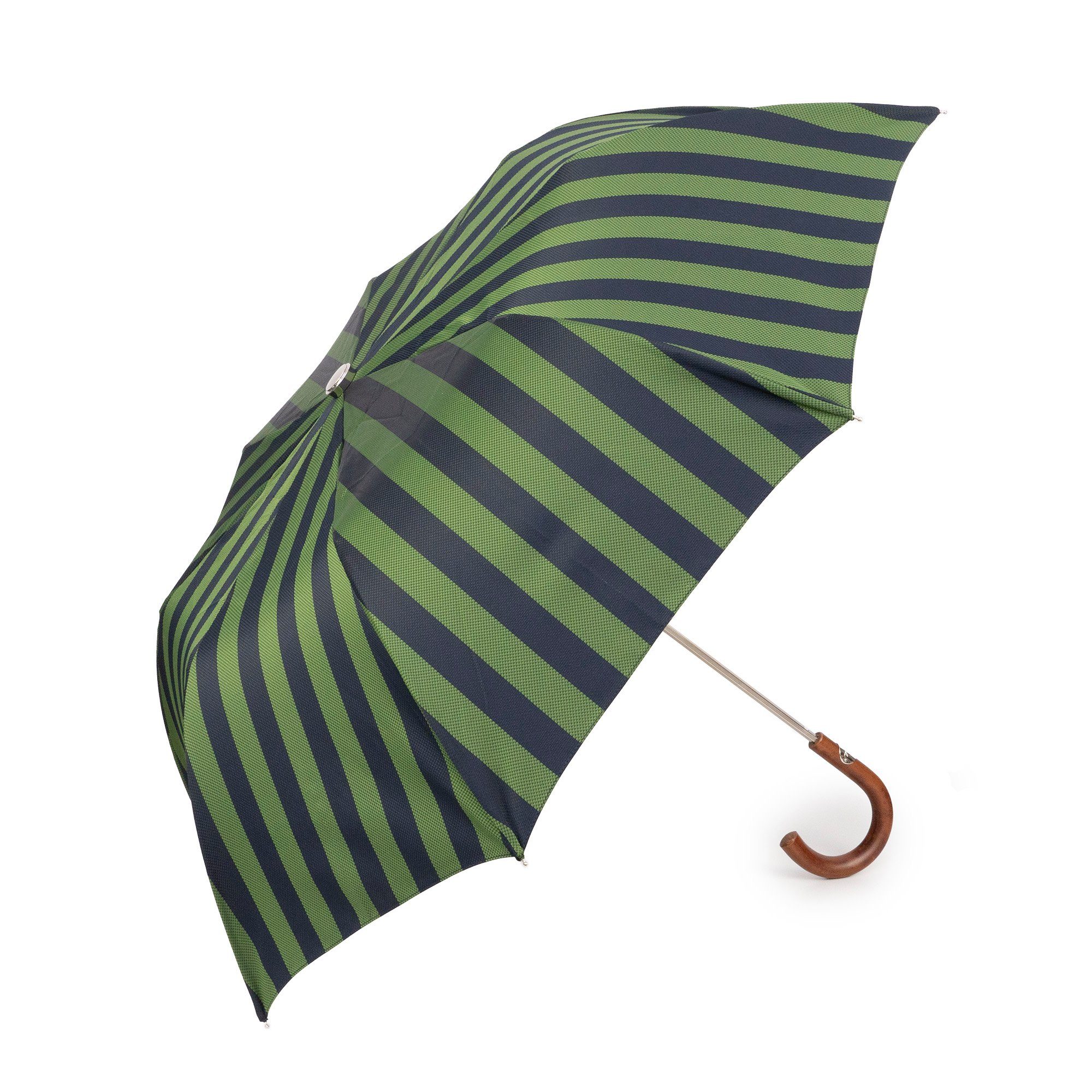 Francesco Maglia Taschenregenschirm, Luxus-Regenschirm, grün, gestreift, Holzgriff, Handmade in Italy