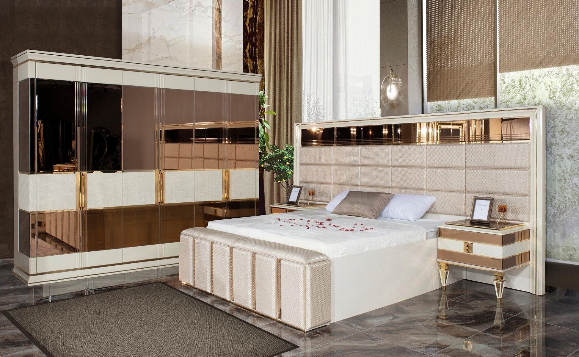 JVmoebel Schlafzimmer-Set Luxus Garnitur Europe Doppelbett Nur Set, Schlafzimmer Kleiderschrank), Bett Modern Nachttische Beige 2x Gold + Made in + (4-St