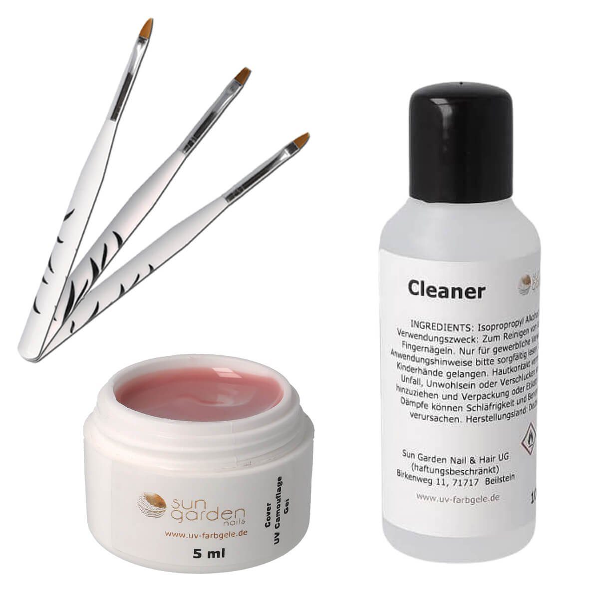 Sun Garden Nails UV-Gel 5 ml UV Aufbaugel - Cover Gel + 3 tlg. Pinselset + Nail Cleaner 100 ml
