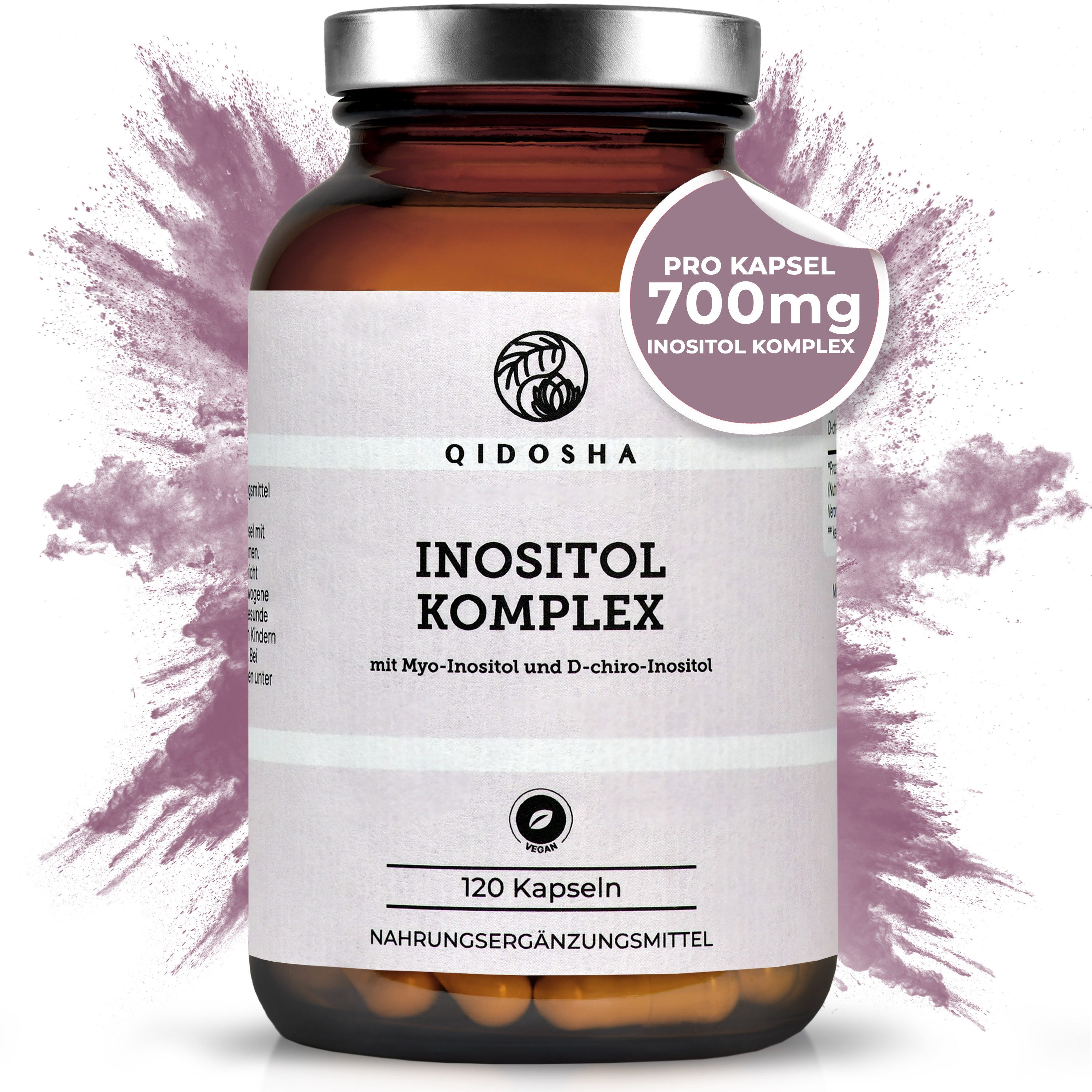 QIDOSHA Inositol Myo Komplex 700 mg - Vegan - 120 Kapseln Hartkapsel, 1 er Einzelpackung Premium Qualität laborgeprüft à 120 St., 99 g, Myo- und D-Chiro-Inositol hochdosiert aus Deutschland
