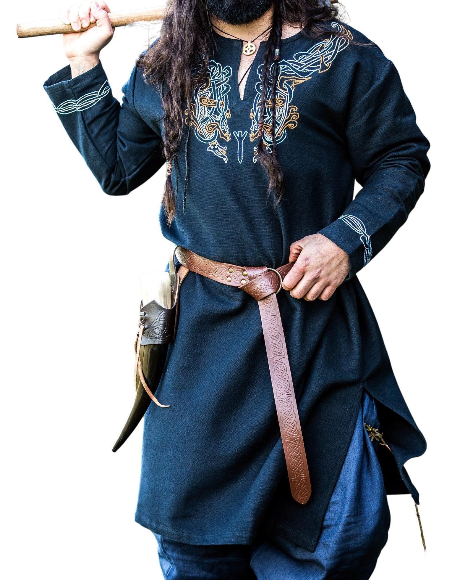 Leonardo Carbone Wikinger-Kostüm Tunika "Snorri" mit Urnes-Stil Stickerei, aufwendige Handstickerei, hochwertige Baumwolle