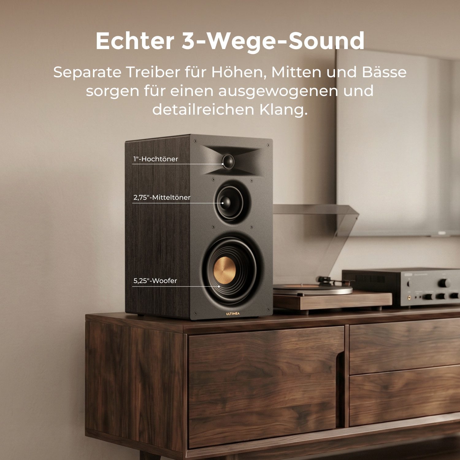 Ultimea BS-3 3-Way Bookshelf Speakers Regal-Lautsprecher Edge Horn & BassMX (Bluetooth 6.0, 70 W, 5,25'' Tieftöner, App, Heimkino, Auracast, Design ohne Frontgitter)
