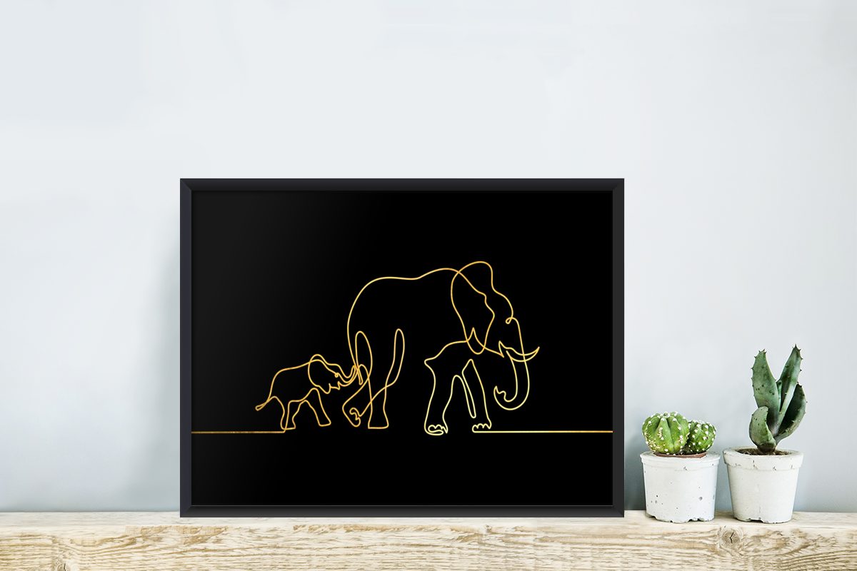Elefant Gold - Schwarz - Bilder, Wandposter, Wanddeko, Poster, Minimalismus, Bilderrahmen Poster Schwarzem St), - (1 MuchoWow Gerahmtes
