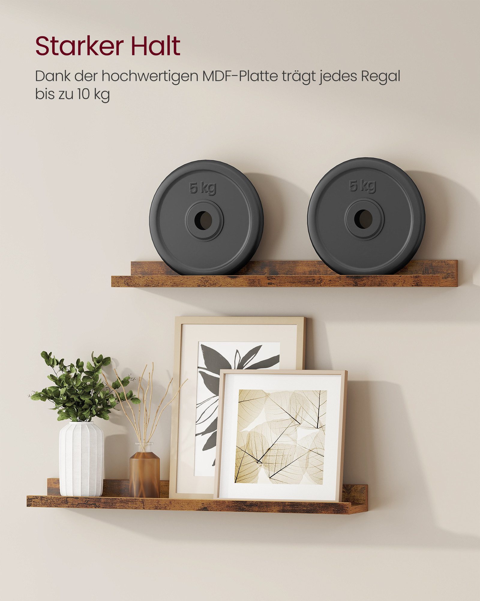 VASAGLE Wandregal Schweberegale, Gewürzgläser, für Küche, Wohnzimmer, Breite 60 cm, erhöhte Vorderkante, für Bilderrahmen, Dekoartikel