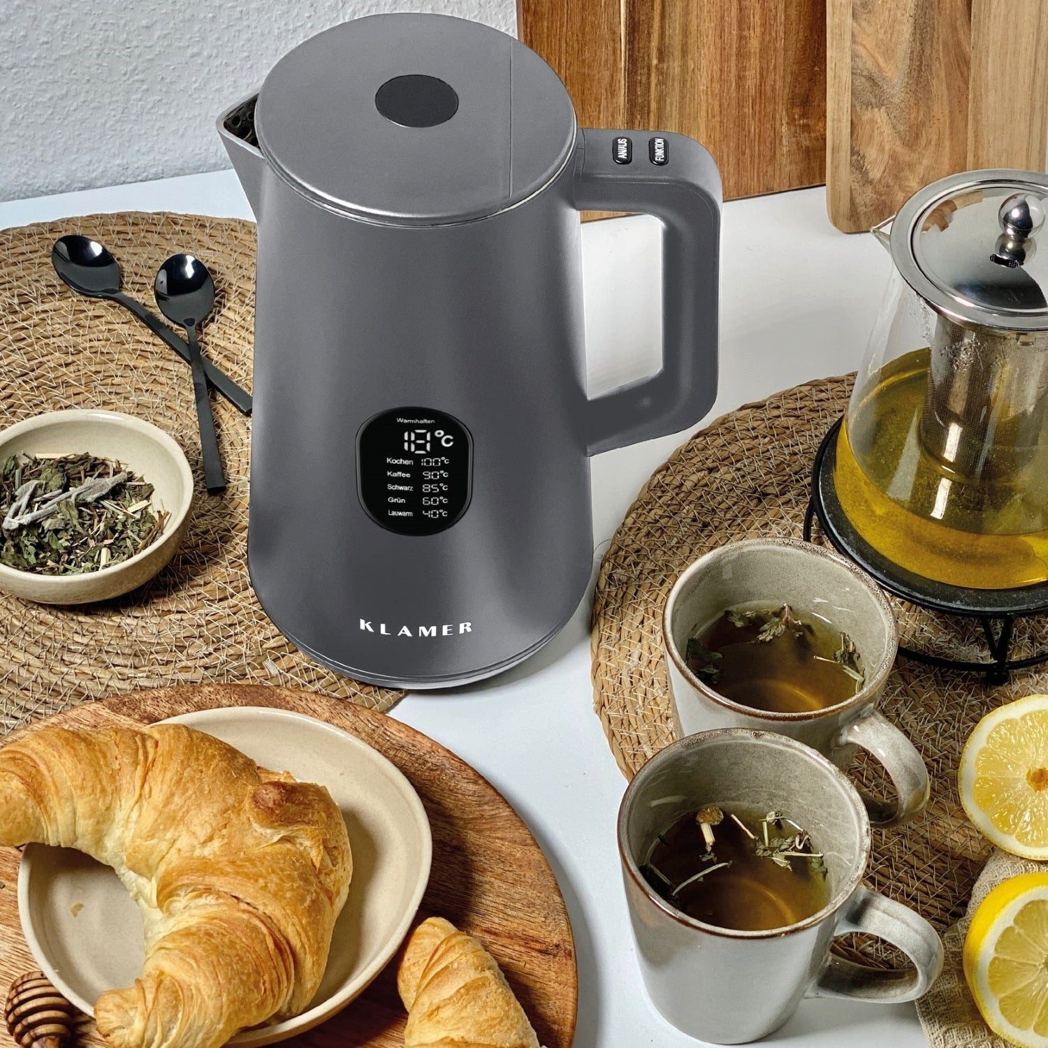 KLAMER Wasserkocher Edelstahl mit Temperatureinstellung 40-100°C, Warmhaltefunktion, matt…, 1,5 l, 1800 W, 1,5L, 5 Temp.-Einst., kalkfrei, BPA-frei, integrierter Auffangsieb