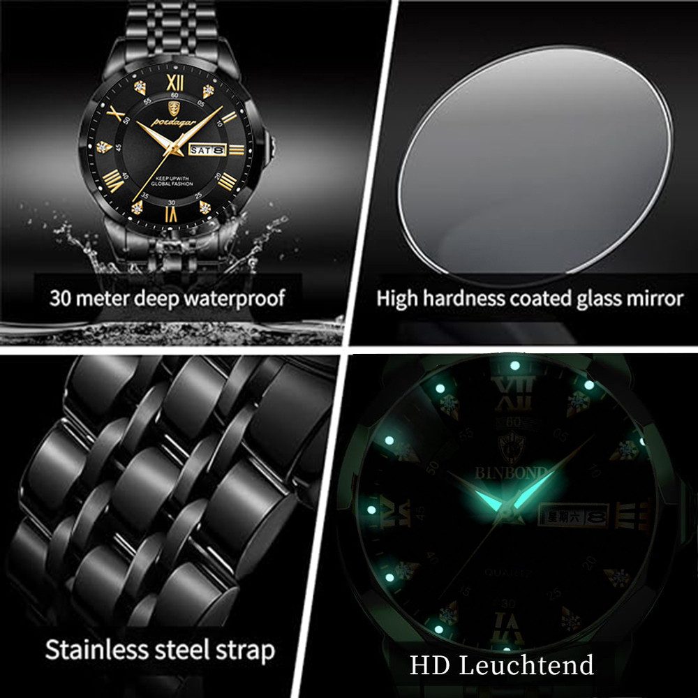 ibettertec Quarzuhr Quarzuhr Multifunktionsuhr Armbanduhr, Chronograph Herrenuhr, (Edelstahl Armbanduhr, Herren Uhr Edelstahl Armbanduhr Herrenuhr), Männer Uhr Große Zahlen Ziffern 3Bar Wasserdicht Datum Analog