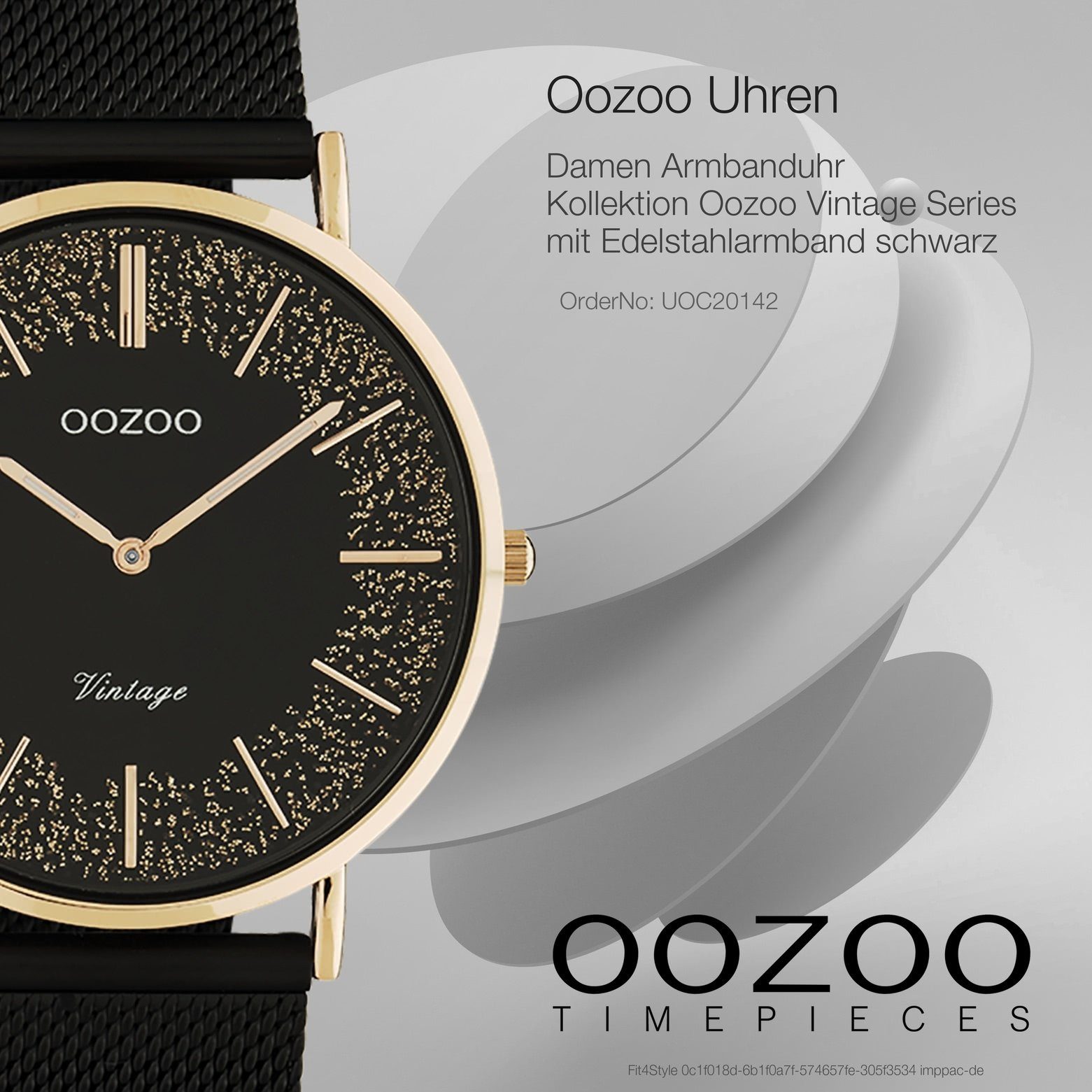 groß Analog, Damenuhr 40mm) Edelstahlarmband, (ca. OOZOO schwarz rund, Damen Oozoo Elegant-Style Quarzuhr Armbanduhr