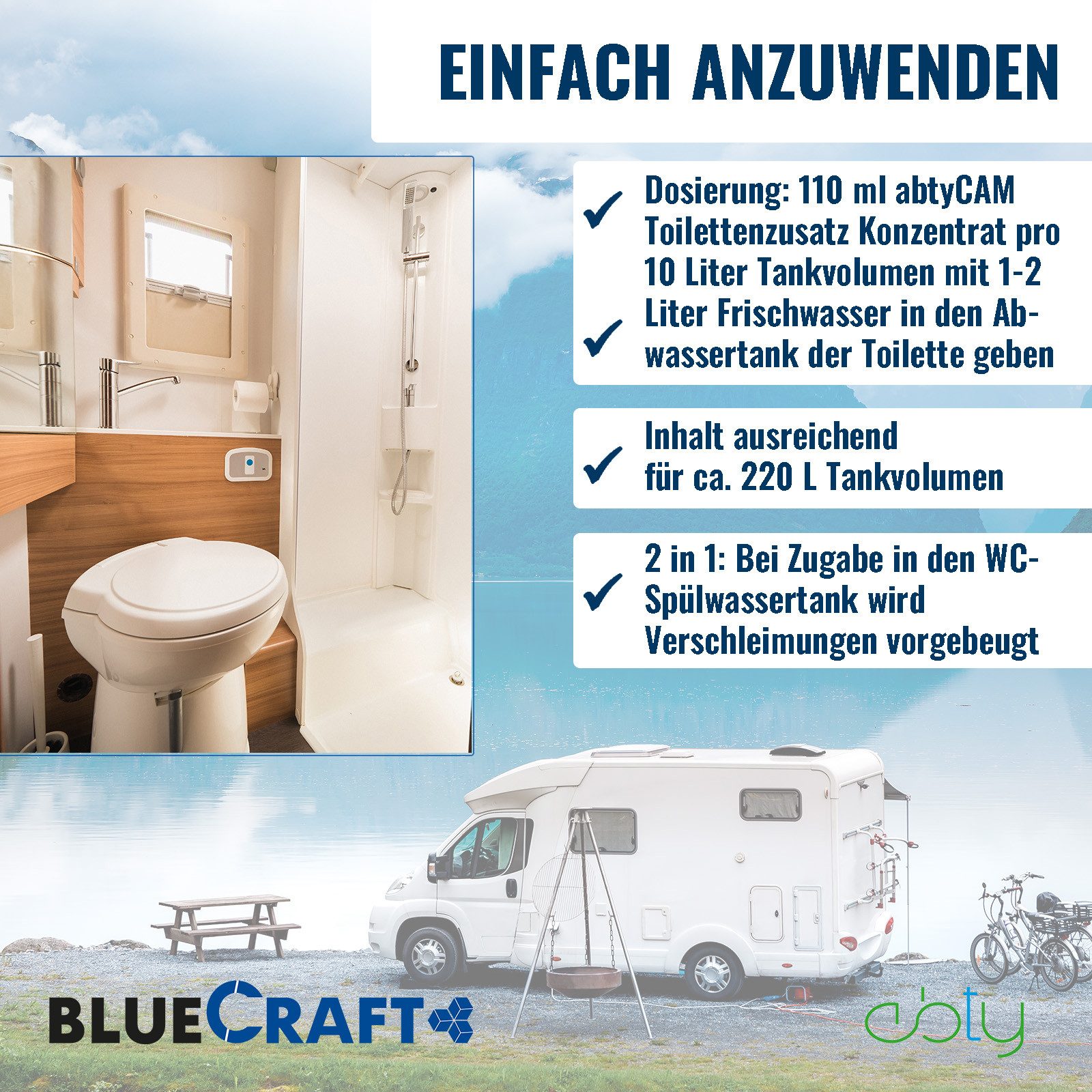 BlueCraft Sanitärflüssigkeit 2,5 L für mobile Camping Toiletten Sanitärzusatz Campingtoilettenreiniger (Toilettenzusatz WC Konzentrat mit Citronenduft Inkl. 4 Rollen Toilettenpapier, [- Sanitärkonzentrat für Abwassertank Zusatz für Chemietoiletten)