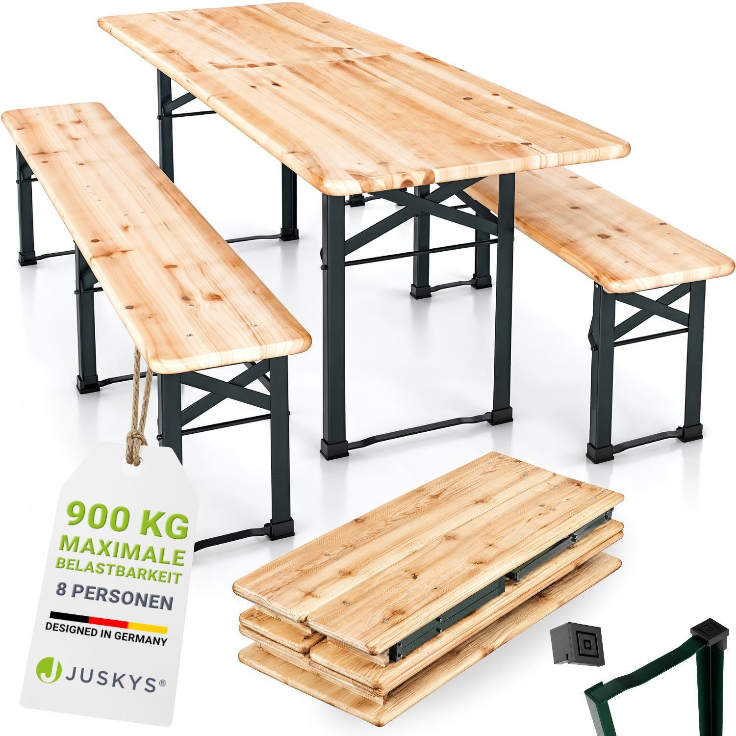 Juskys Bierzeltgarnitur Passau 220 cm für 8 Personen aus lackierter Tanne, mittig klappbar, (3-tlg), Festzeltgarnitur mit Stahlgestell, Bänke bis 250 kg & 16 Bodenschoner