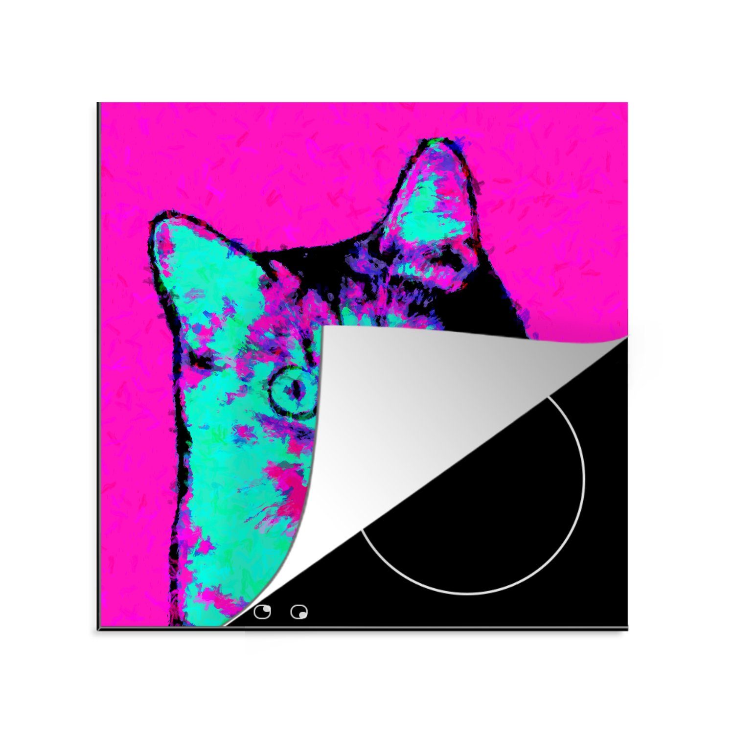 MuchoWow Herdblende-/Abdeckplatte Farbige Pop-Art-Katze, Vinyl, (1 tlg), 78x78 cm, Ceranfeldabdeckung, Arbeitsplatte für küche