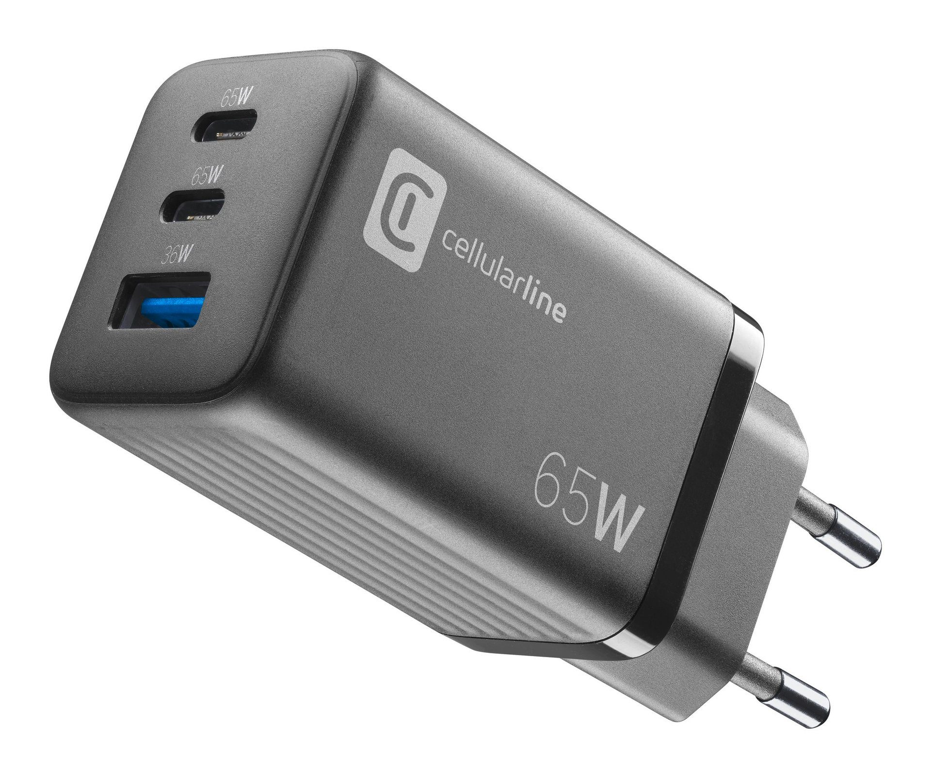 Cellularline Charger Multipower Micro 65W GaN 3 Ports USB-Ladegerät (Ladegerät Lader für Samsung Galaxy, Apple iPhone, Google Pixel)