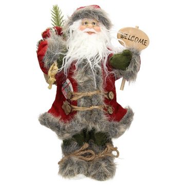 ECD Germany Weihnachtsmann Weihnachtsmann Deko-Figur Santa-Claus Figur Winterdeko Weihnachten, 37 cm hoch rot/grauer Mantel grüner Hose mit Geschenkesack