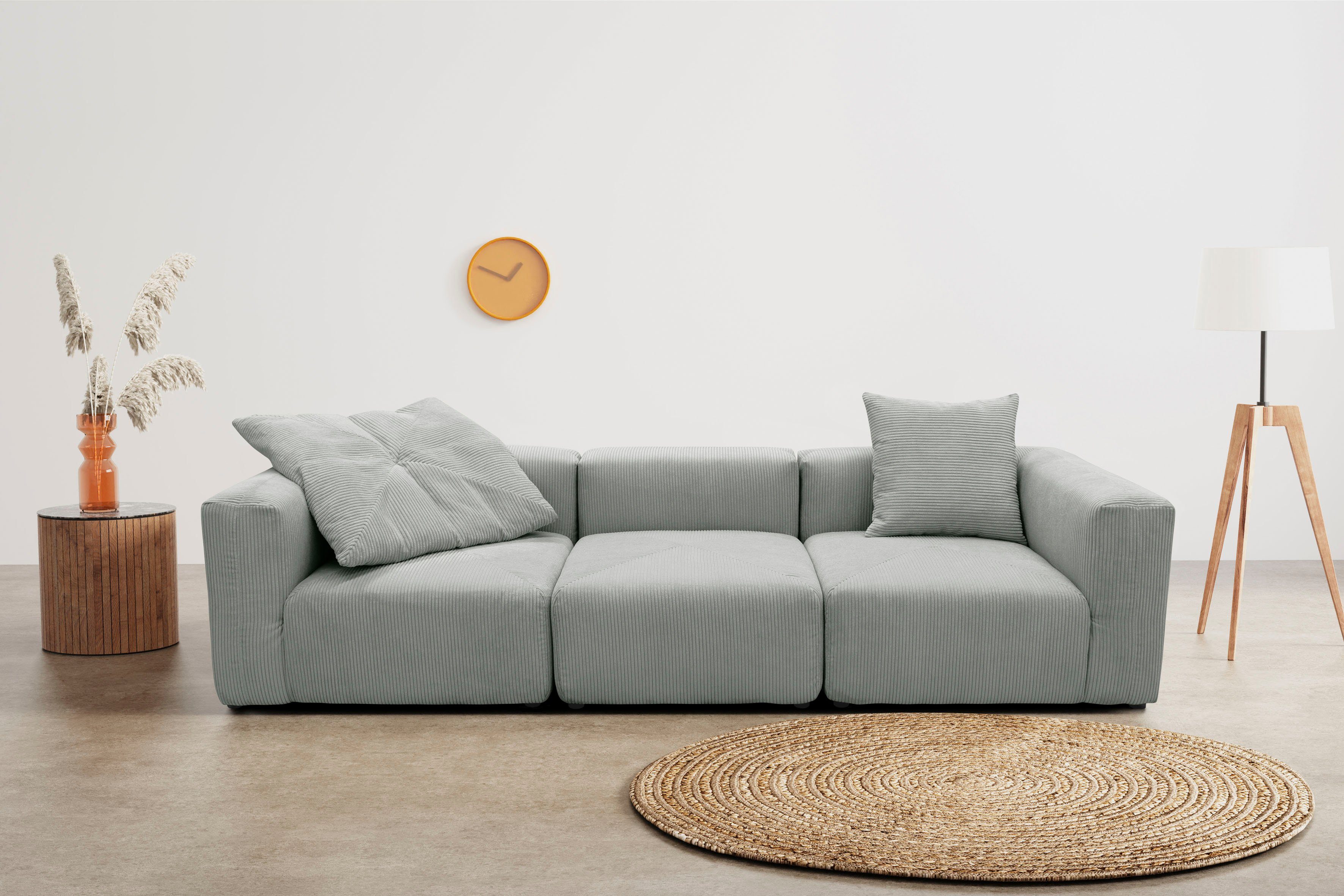 RAUM.ID Big-Sofa Gerrid, Cord-Bezug, bestehend aus Modulen: 2 Eck- und ein Mittelelement hellgrau