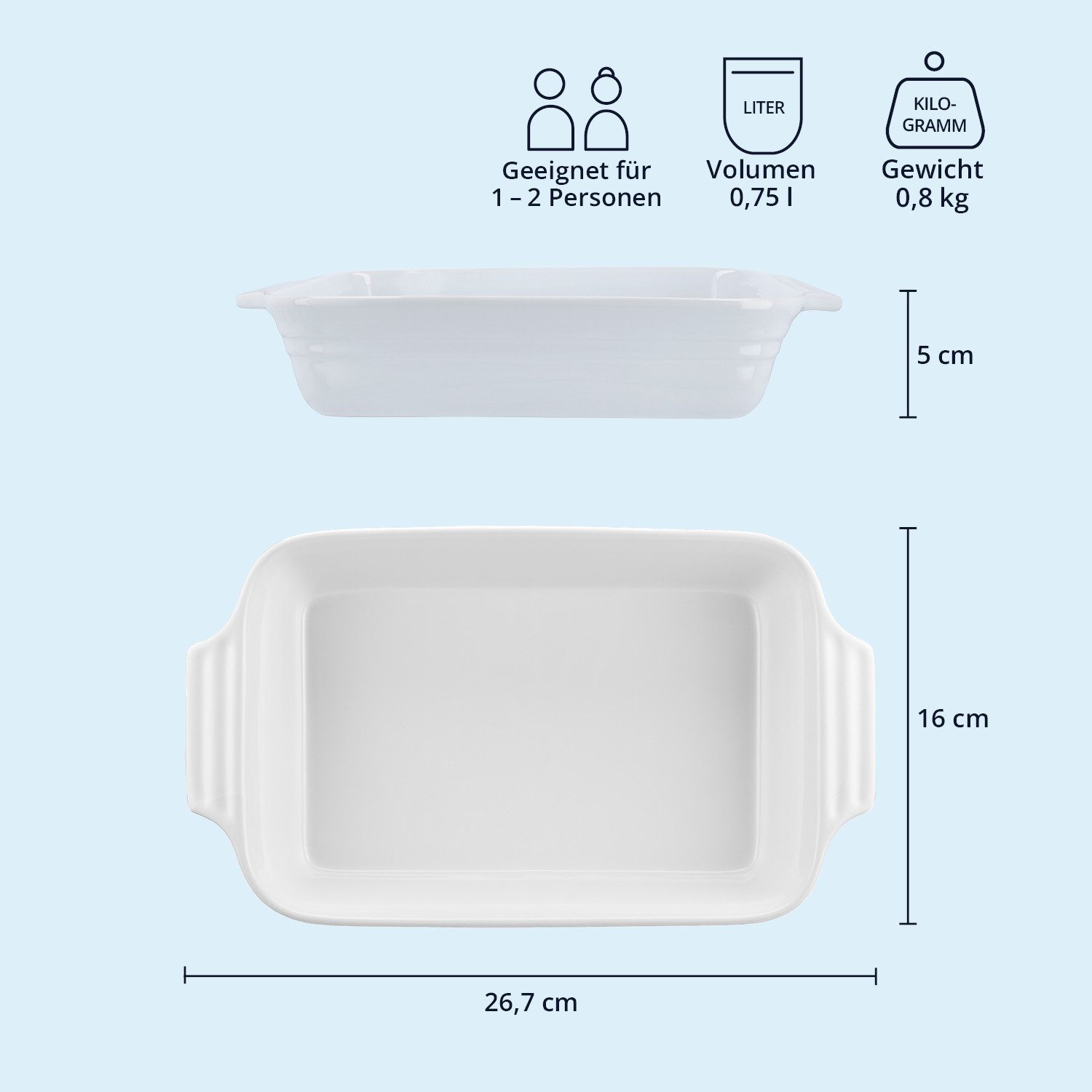 KHG Auflaufform mittel 26 cm Weiß für 1-2 Personen, Steingut, (1-St), Antihaft (mit Emaile glasiert)