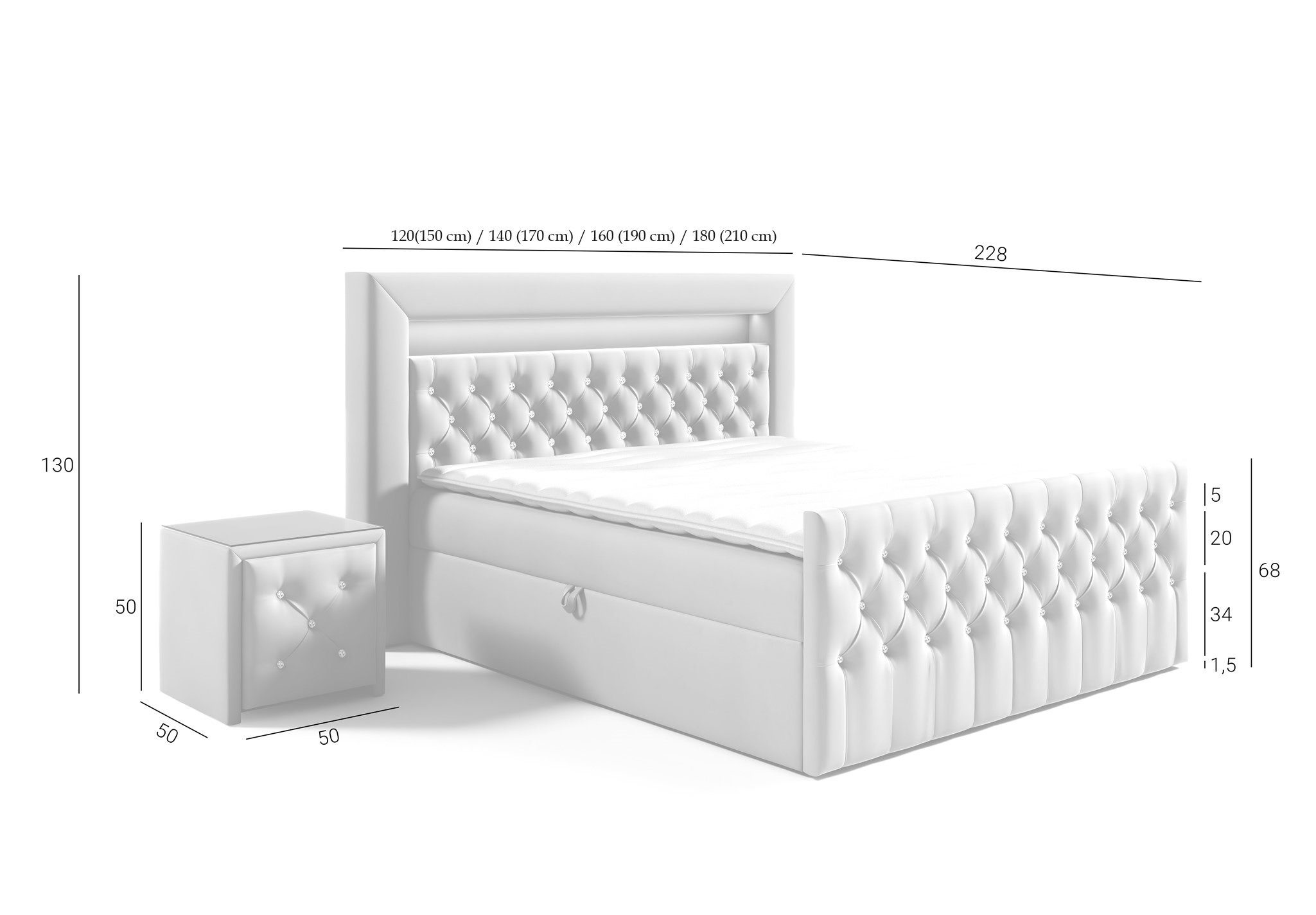 Fun Möbel Boxbett Schlafzimmerbett SEVRA Nr.4 in Stoff Elisa Velvet (inkl. Bettkasten und Topper, RGB LED-Beleuchtung mit Fernbedienung), inkl. Polsterhocker mit Stauraum und 2 Nachttische mit Glasplatte