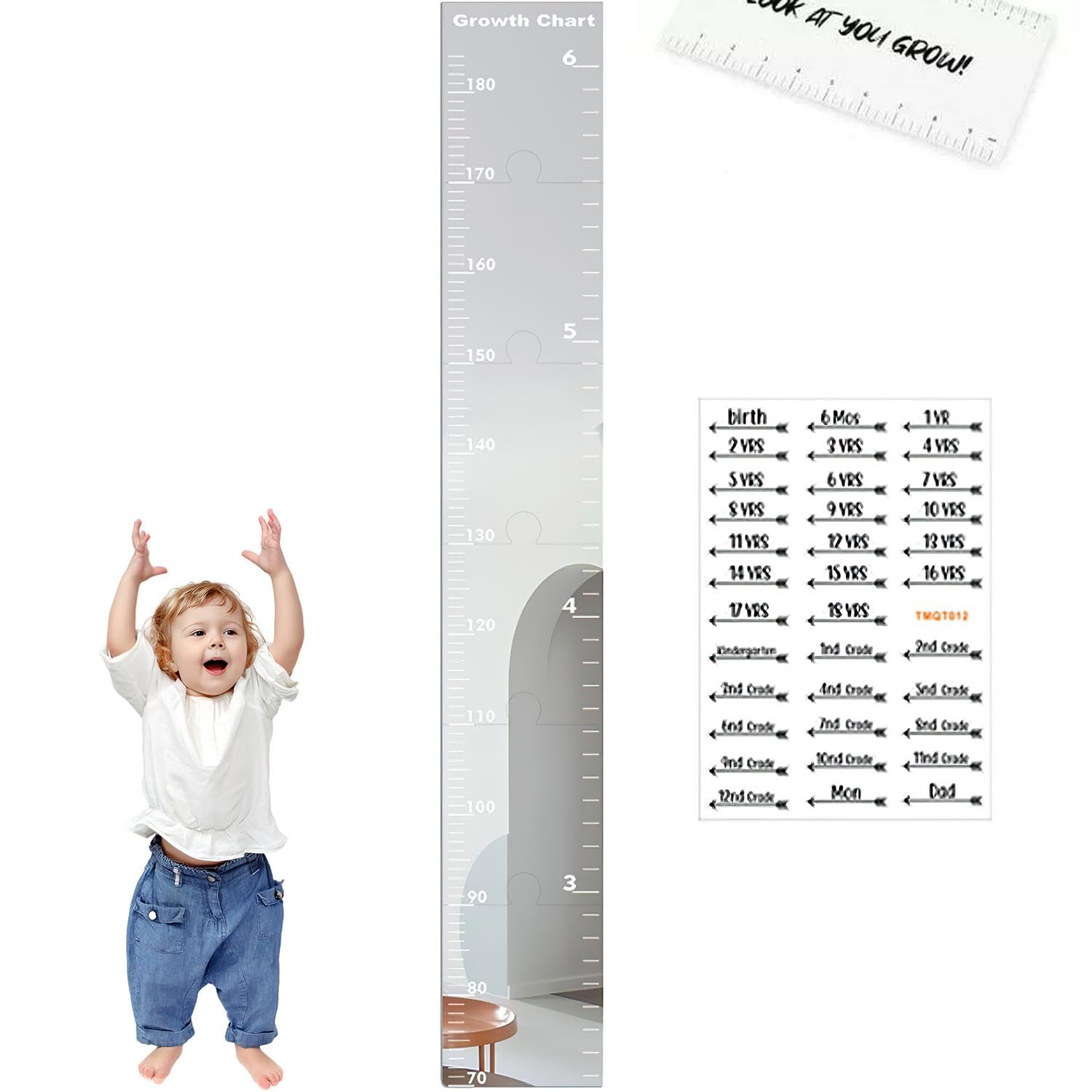 HEYHIPPO Spiegelpaneel Wachstumstabelle an der Wand,Acrylspiegel-Wanddekoration im Babyzimmer (Acryl-Spleißspiegel 6 Stück, Acrylspiegelaufkleber,nicht leicht zu brechen, mit Aufkleber, 120×18cm), Spiegelpuzzle Kinder Wachstumsrekord Spiegel, Fliese selbstklebend