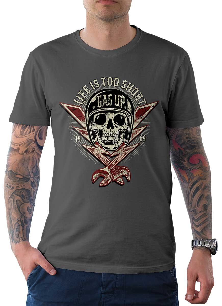 Up T-Shirt mit Wheels Grau Biker Motorrad / T-Shirt Tee Rebel Gas Herren Motiv On