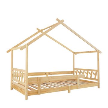 Fangqi Hausbett 90x190/200cm Massivholz mit Gitter, Lattenrost und Rausfallschutz (für Kinder und Jugendliche, Weiß/Natur)