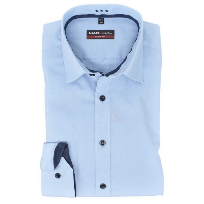 MARVELIS Businesshemd Businesshemd - Body Fit - Langarm - Einfarbig - Hellblau mit Besatz & Kontrastknöpfen